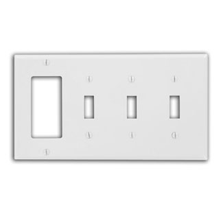 Product image for Wallplate combination standard 4-gang 3-toggle 1-decora/GFCI thermoplastic white