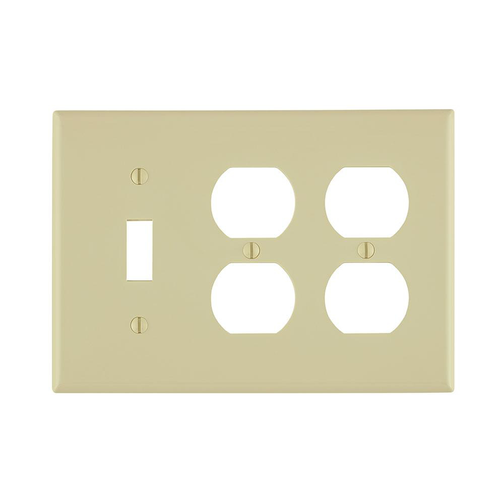 Product image for Wallplate combination standard 3-gang 1-toggle 2-duplex thermoplastic ivory