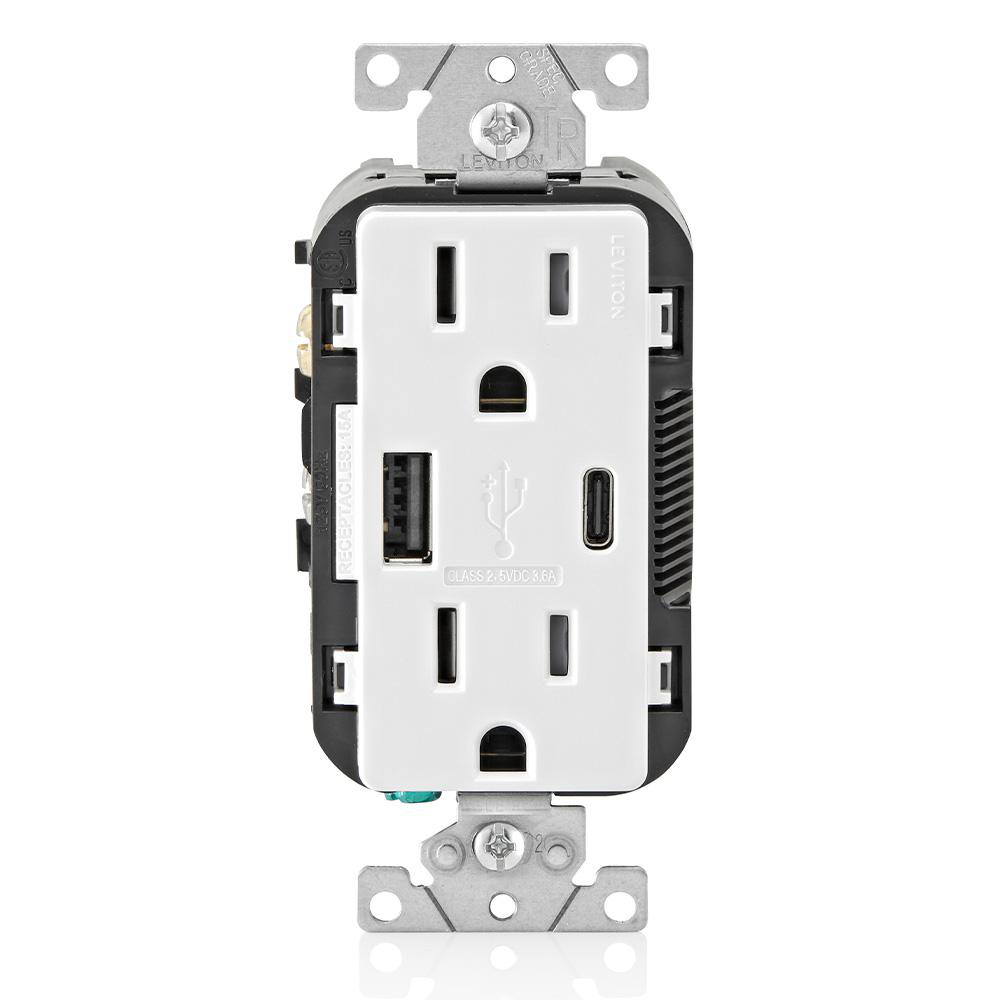 Product image for 18W (3.6A) USB Type A/Type-C Wall Outlet Charger with 15A Tamper-Resistant