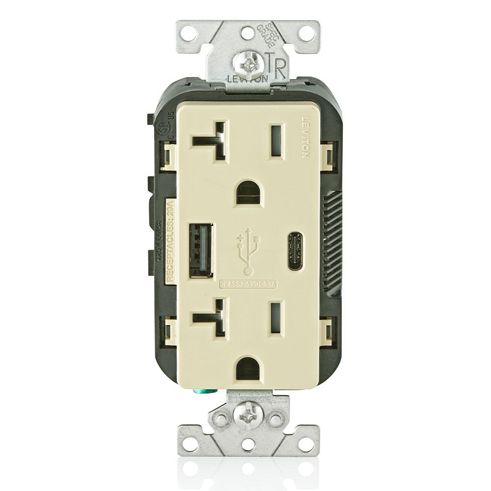 Product image for 5.1A USB Type A/Type-C Wall Outlet Charger with 20A Tamper-Resistant
