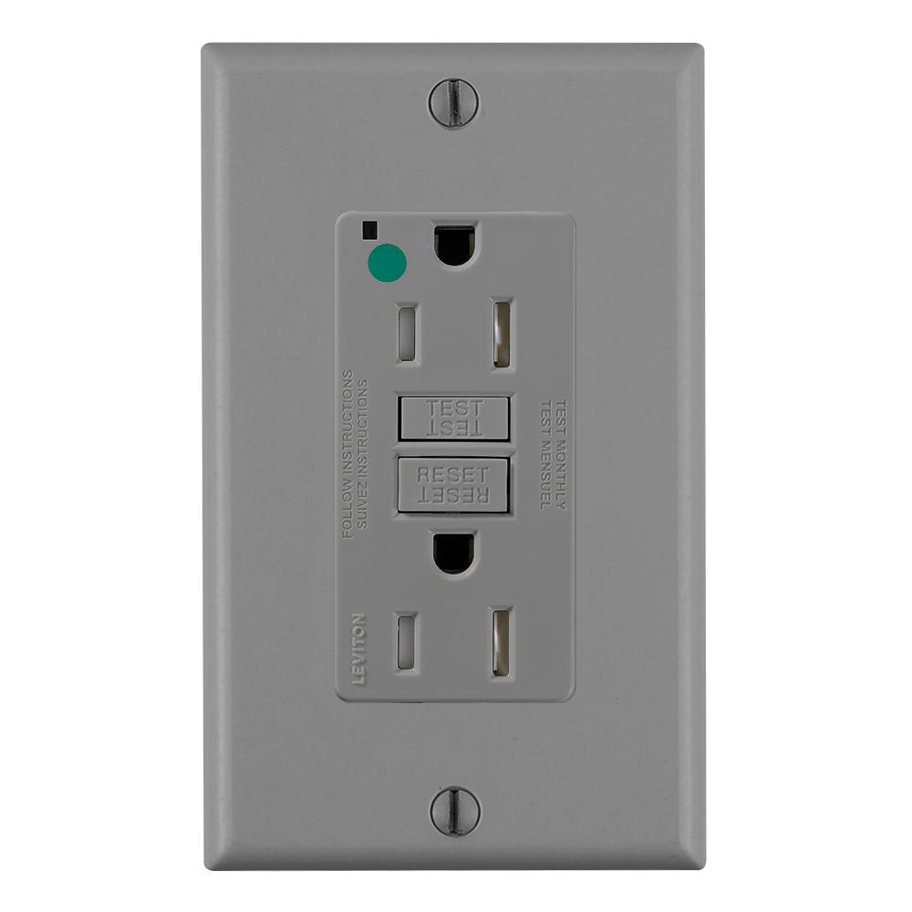 Product image for Receptacle GFCI hospital grade standard tamper resistant 15A 125V grey