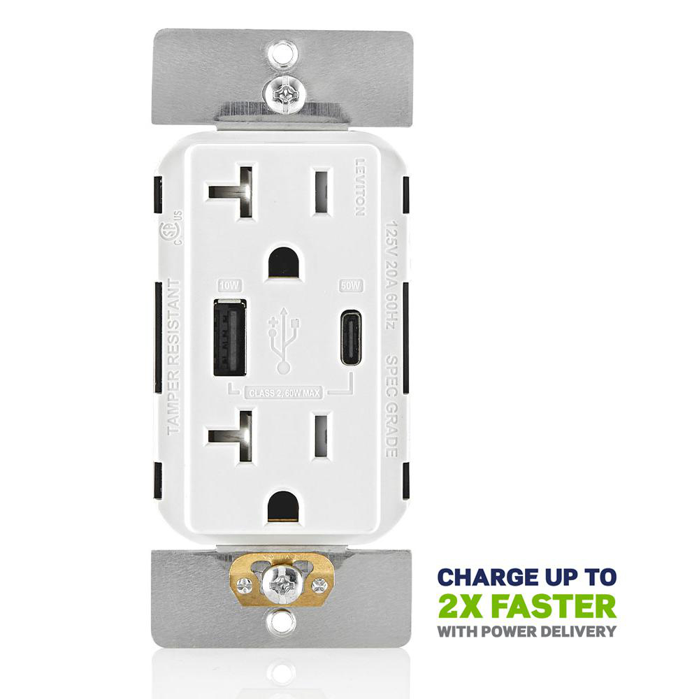 Product image for 60W (20V@2.5A+ 5V@2A) USB Dual Type A/Type-C Power Delivery Wall Outlet Charger