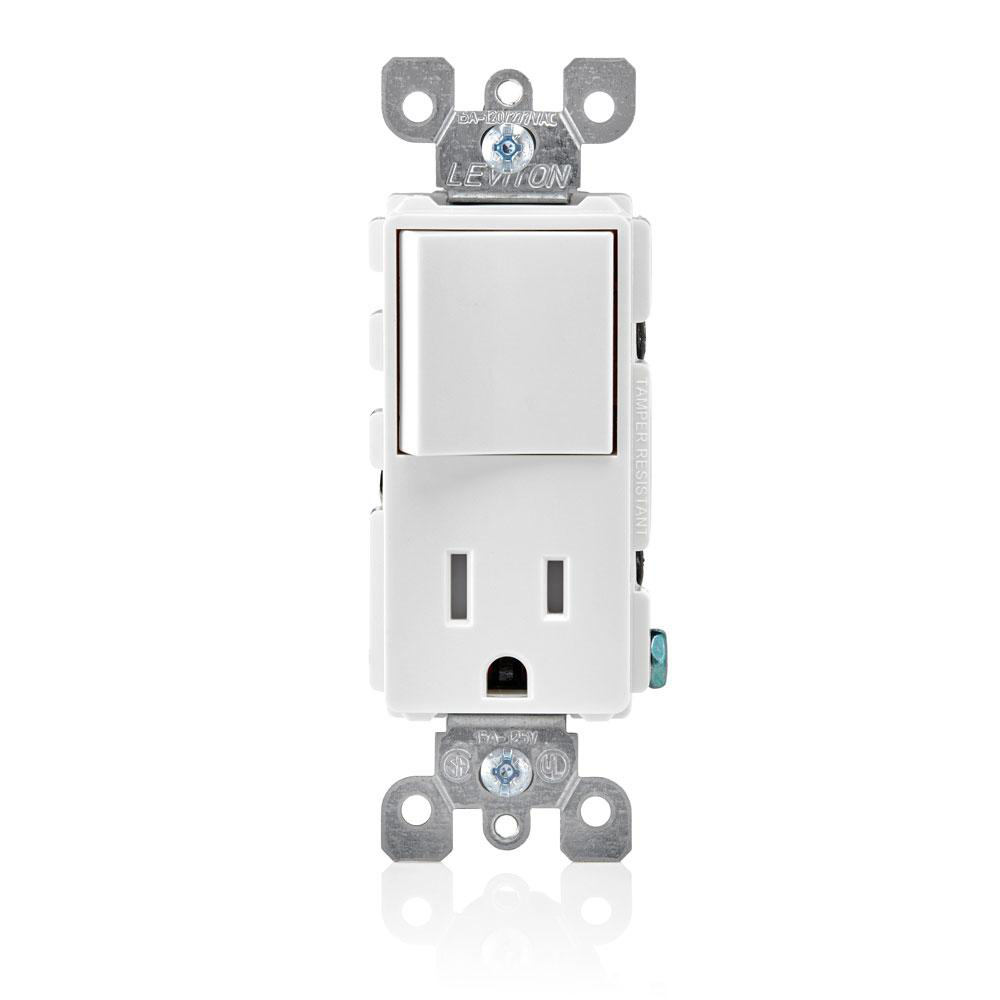 LEVITON T5625-W RECEPTACLE SWITCH COMBO ROCKER STYLE COMBINATION DECORA SWITCH AND RECEPTACLE 15A 120V WHITE