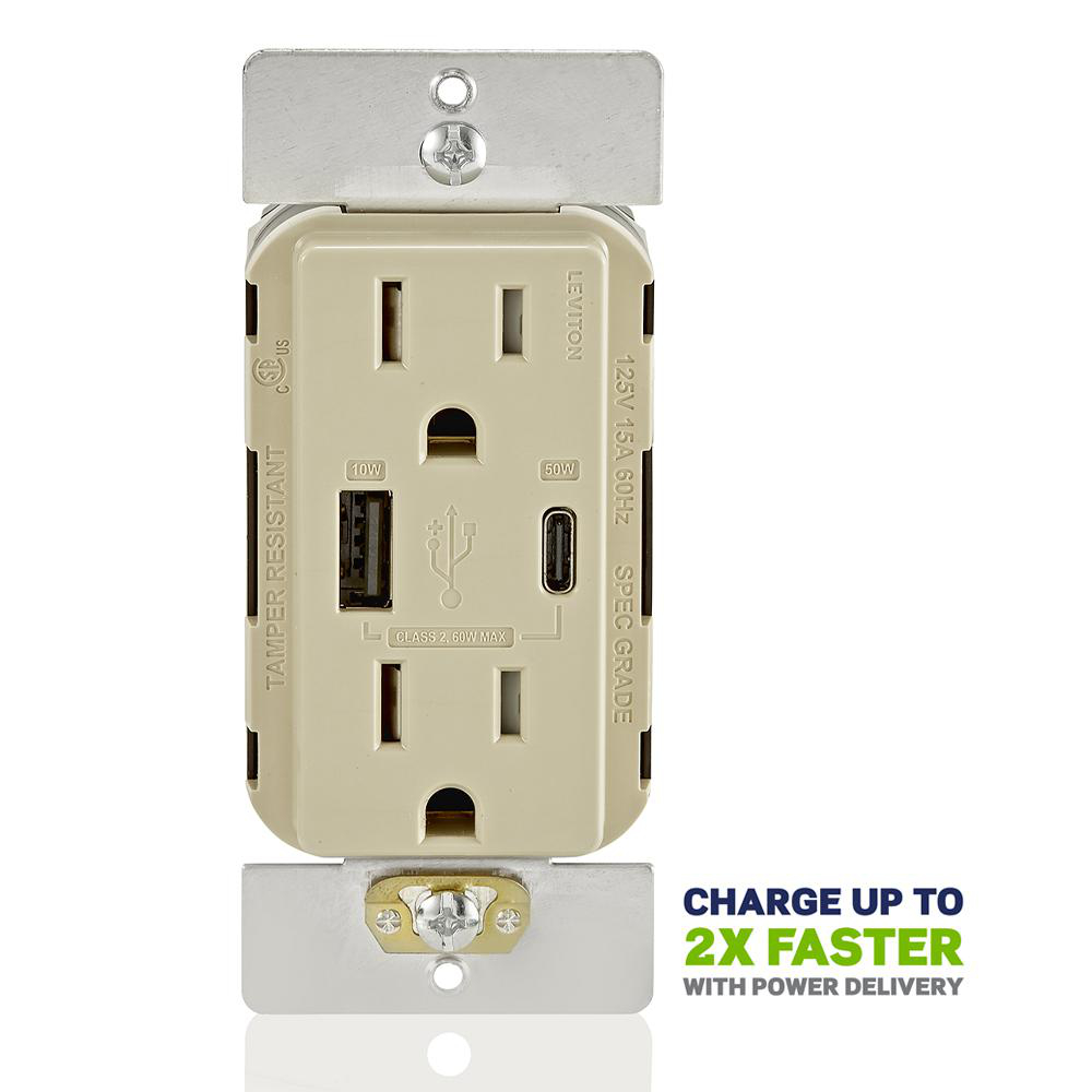 Product image for 60W (20V@2.5A+ 5V@2A) USB Dual Type A/Type-C Power Delivery Wall Outlet Charger