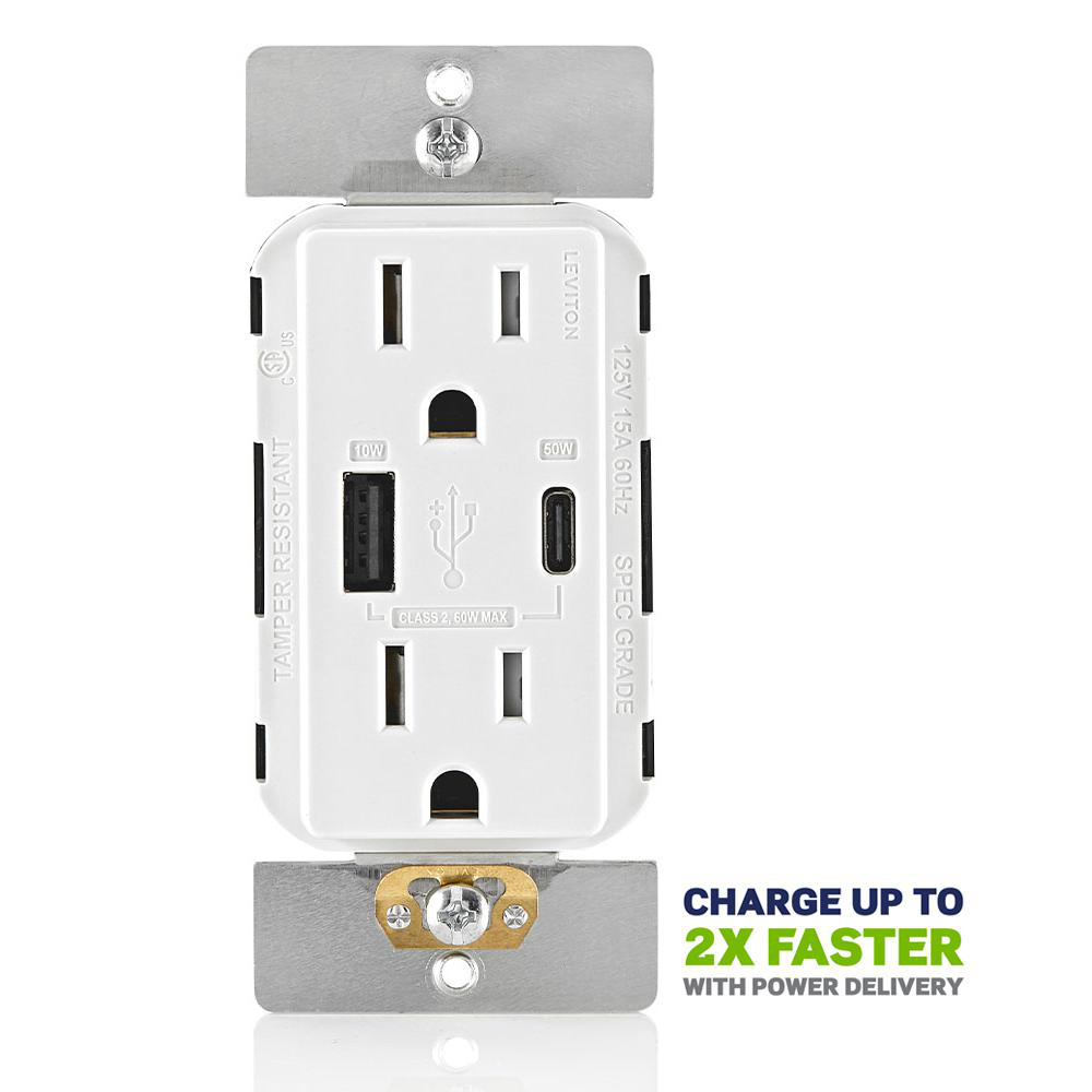 Product image for LEVITON T5634-W USB 60W DUAL TYPE A/TYPE C POWER DELIVERY WALL OUTLET CHARGER WITH 15A TAMPER RESISTANT OUTLET 15A 125V WHITE