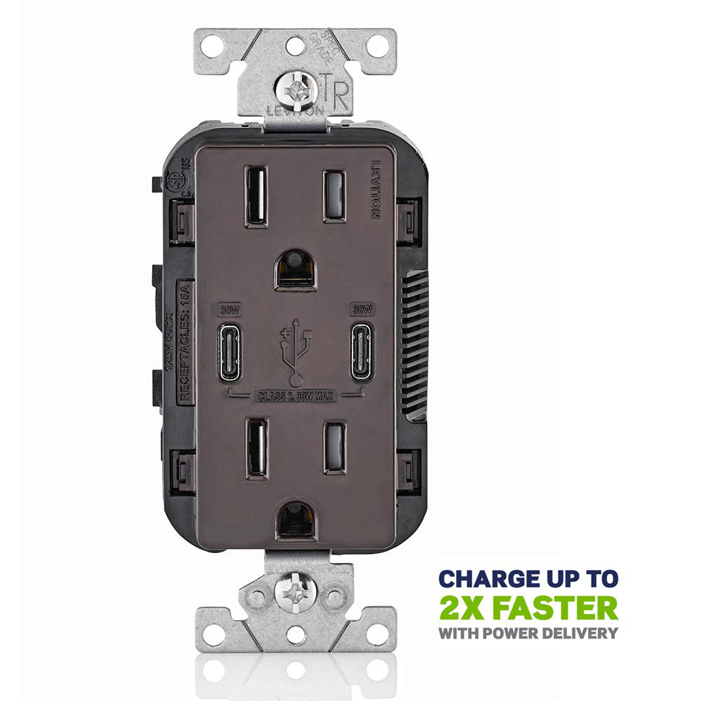 Product image for 30W (6A) USB Dual Type-C/C Power Delivery Wall Outlet Charger with 15A