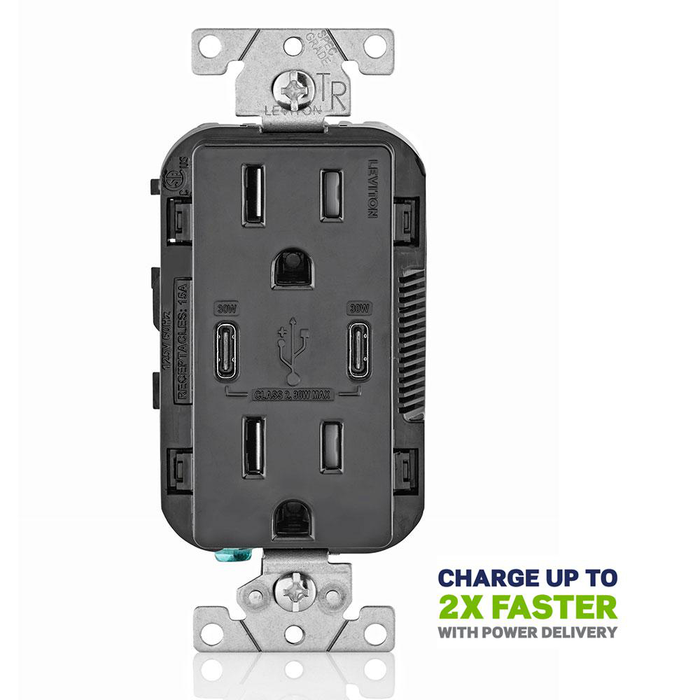 Product image for 30W (6A) USB Dual Type-C/C Power Delivery Wall Outlet Charger with 15A