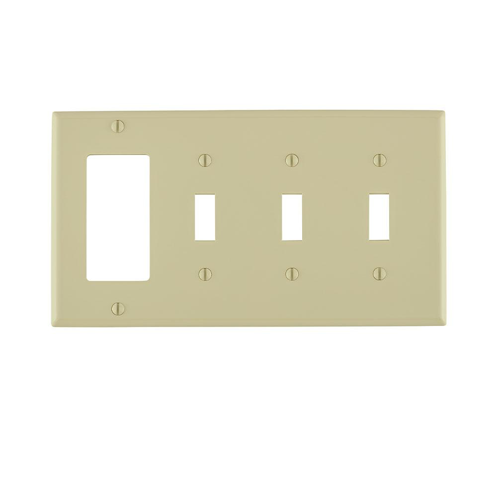 Product image for Wallplate combination standard 4-gang 3-toggle 1-decora/GFCI thermoplastic ivory