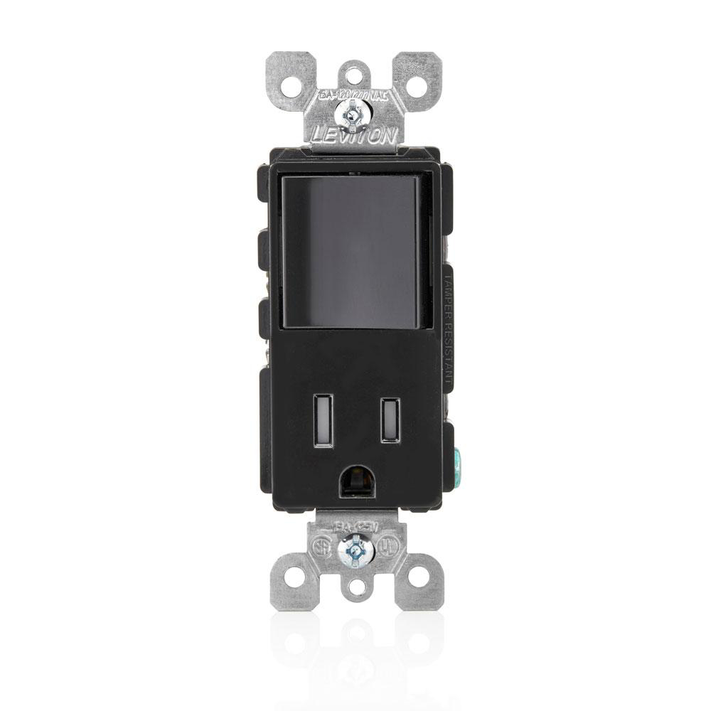 LEVITON T5625-E RECEPTACLE SWITCH COMBO ROCKER STYLE DECORA SWITCH AND RECEPTACLE TAMPER RESISTANT BLACK