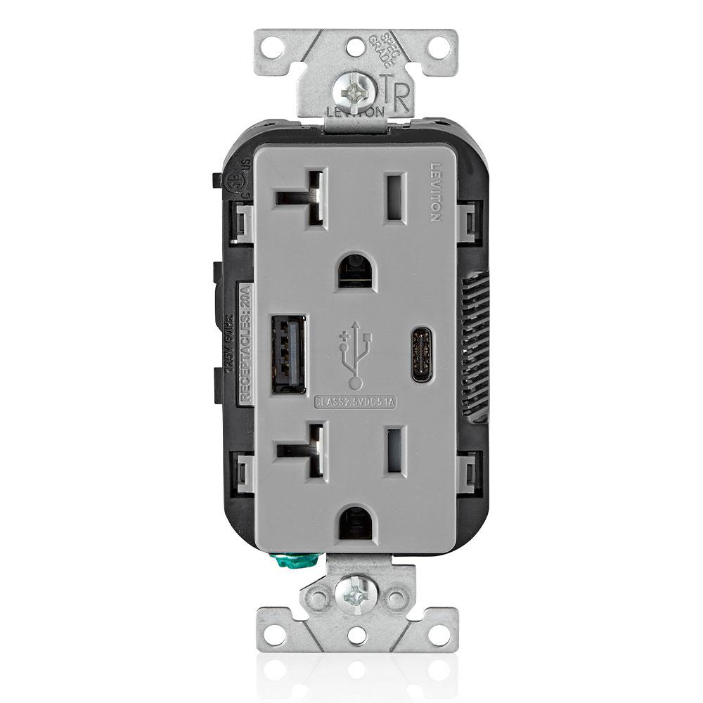 Product image for 5.1A USB Type A/Type-C Wall Outlet Charger with 20A Tamper-Resistant