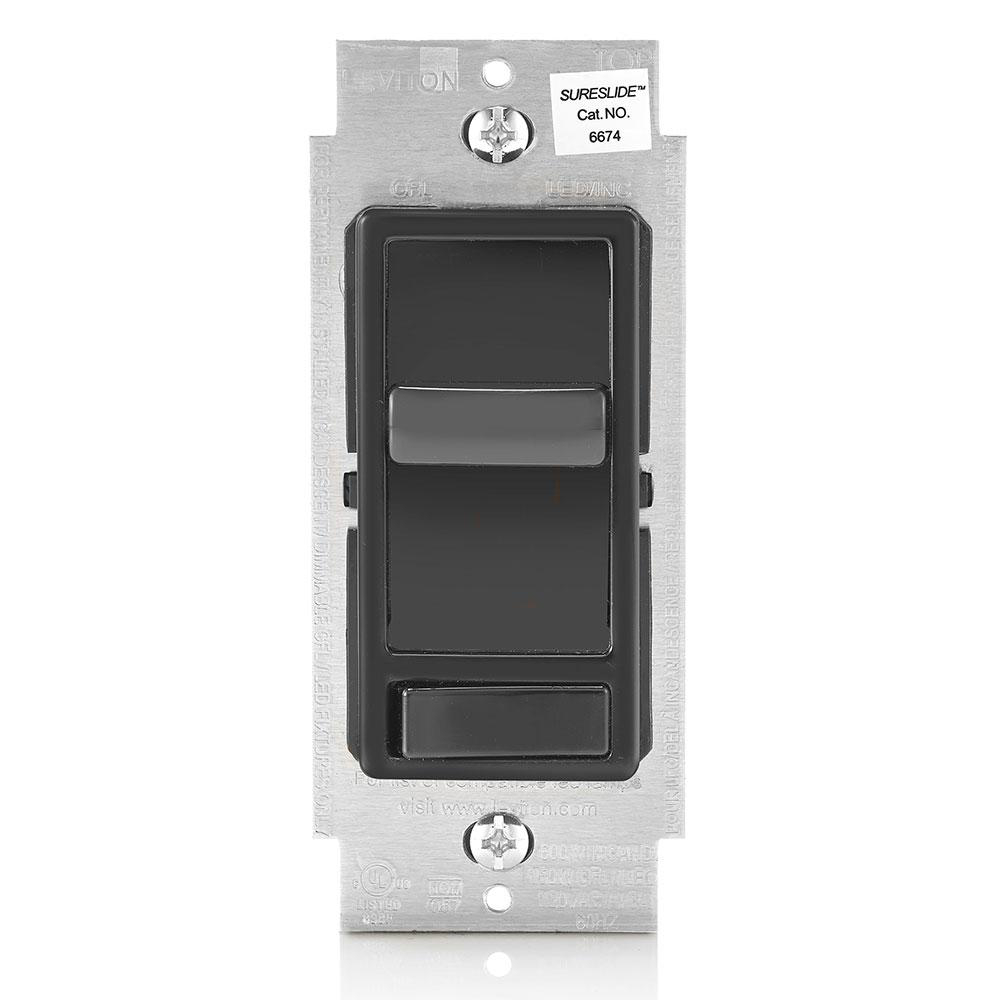 Product image for LEVITON 6674-P0E DIMMER DECORA SLIDE BLACK SINGLE POLE 1POLE OR 3WAY PRESET UNIVERSAL INCAND CFL LED