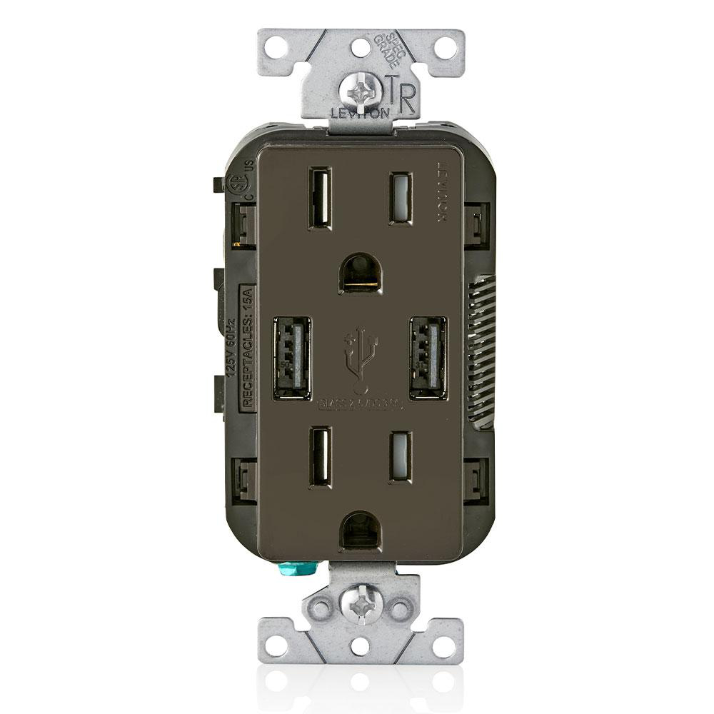 Product image for Receptacle USB charger combo 125V 15A brown