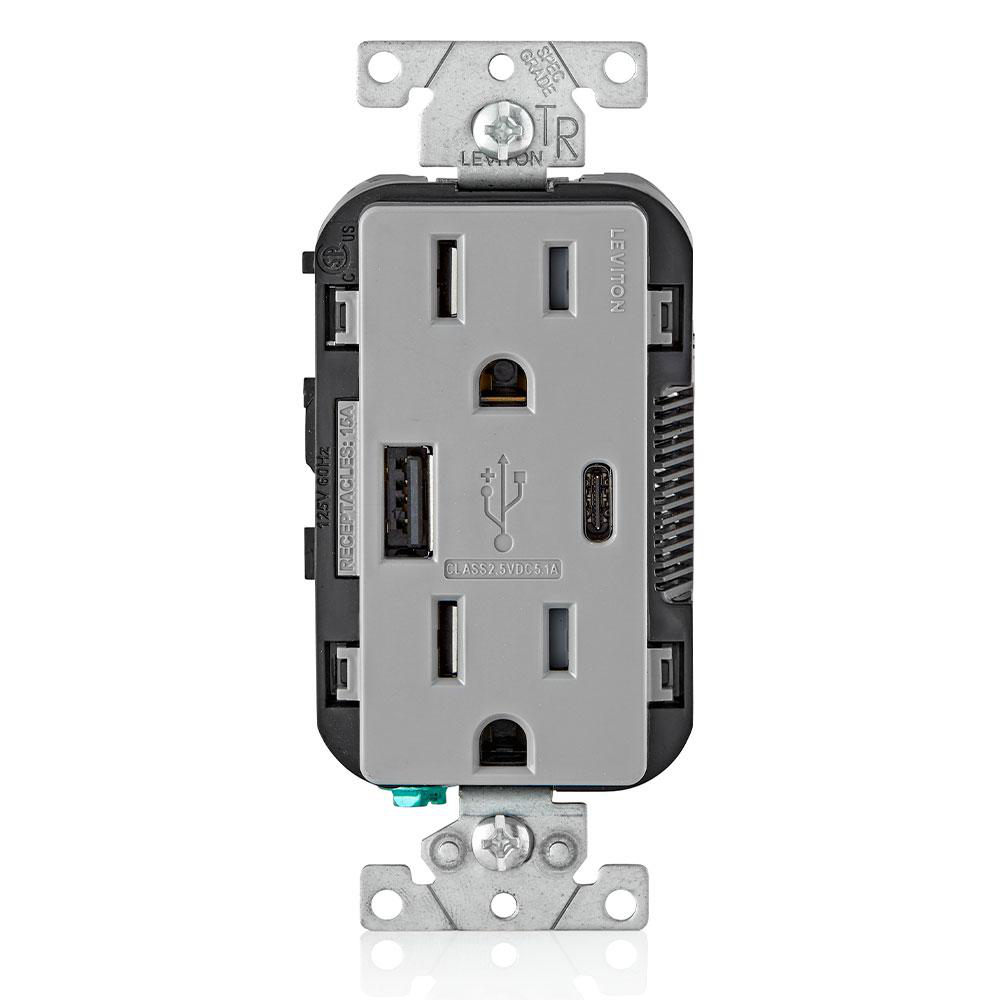 LEVITON T5633-GY GY COMBDUP REC TYPE AC USBPT CHGR15A125V