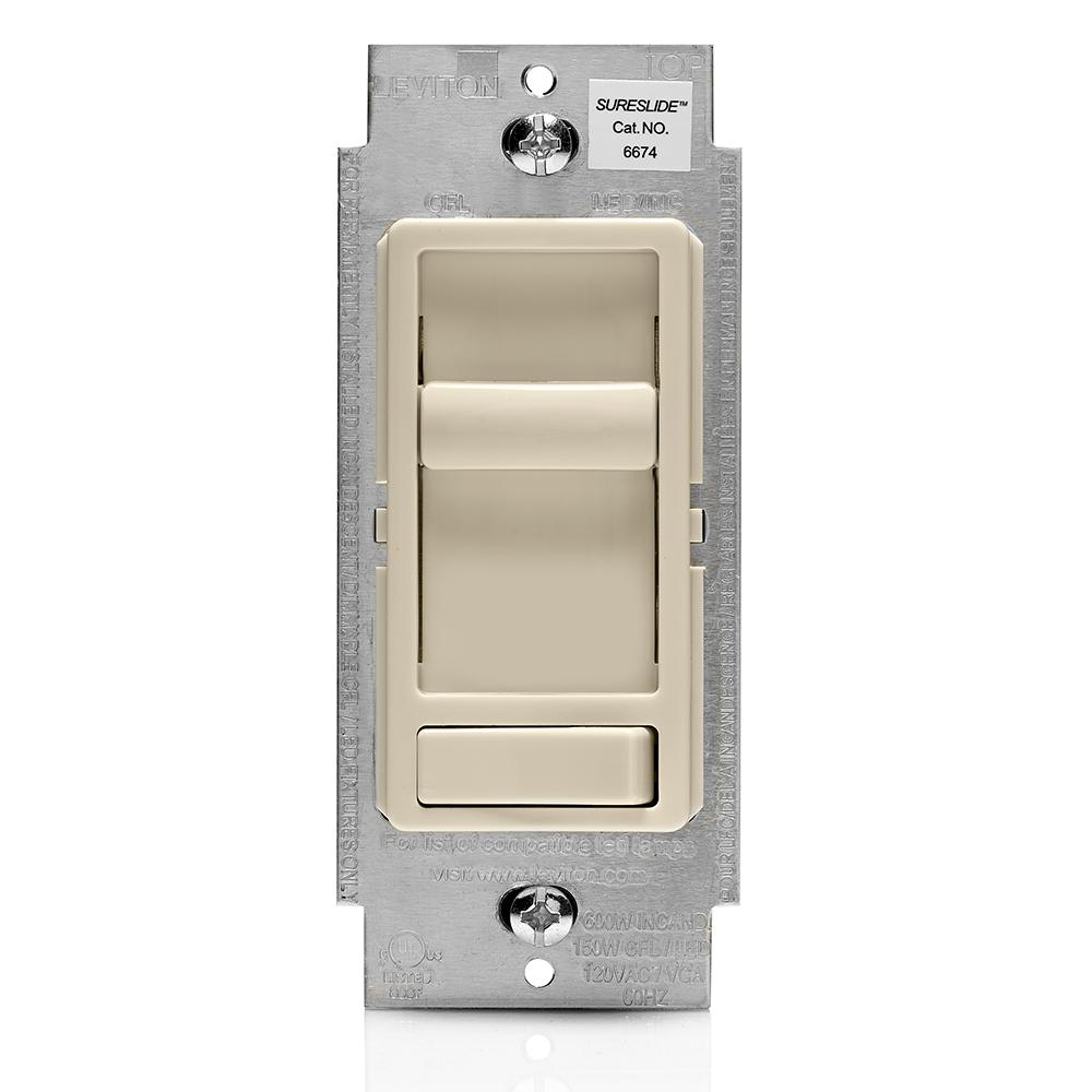 Product image for LEVITON 6674-P0T DIMMER DECORA 1P 3WAY SLIDE LIGHT ALMOND 1POLE OR 3WAY PRESET UNIVERSAL INCAND CFL LED