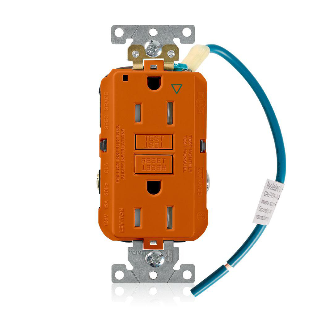 Product image for Receptacle GFCI industrial grade isolated ground 15A 125V orange