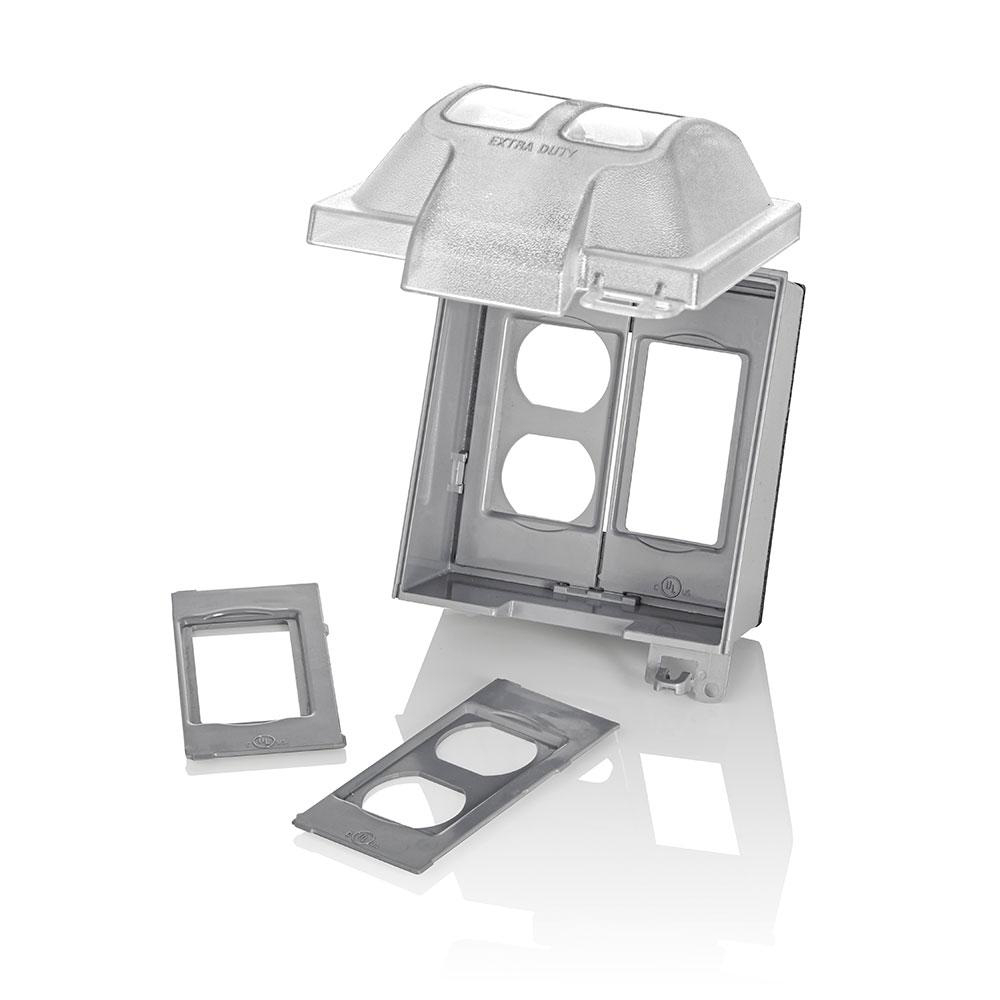 Product image for LEVITON 5982-UCL COVER 2GANG CLEAR W/ INSERTS EXTRA DUTY WHILE IN USE VERTICAL GFCI DECORA DUPLEX
