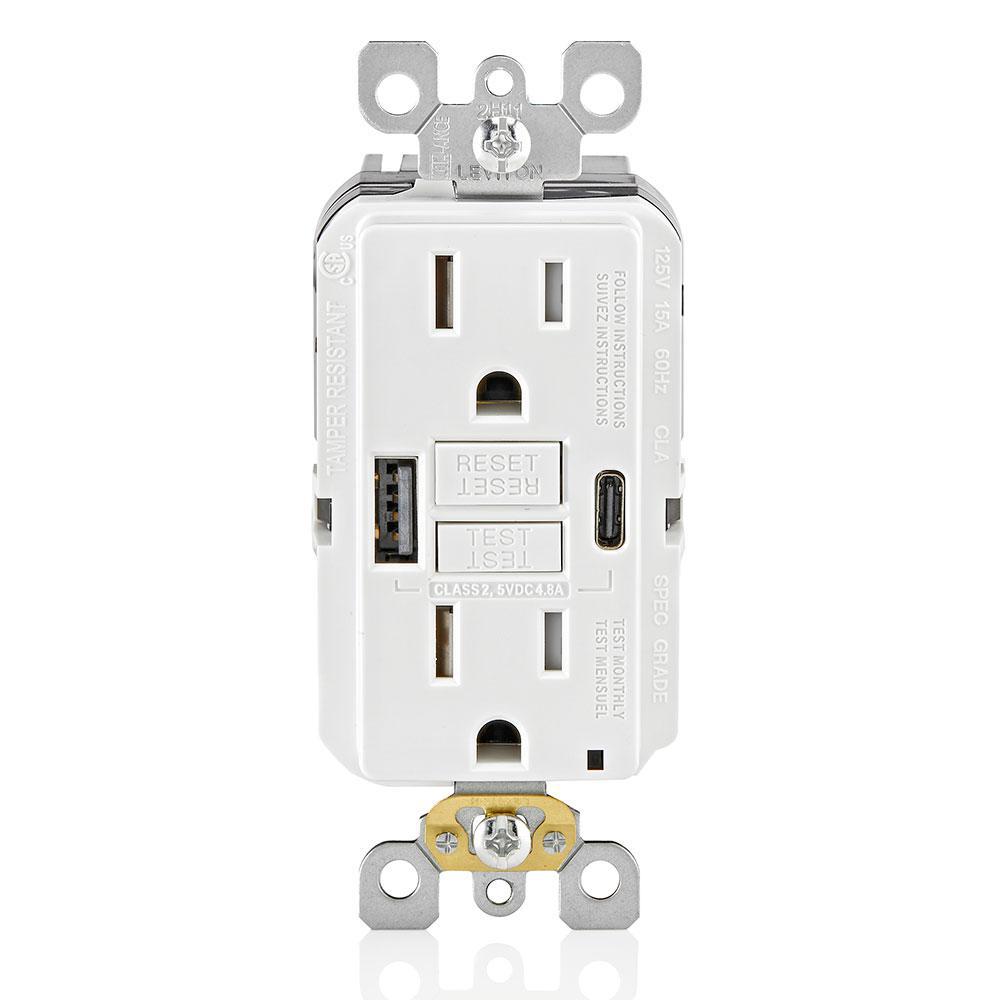 Product image for 15A SmartlockPro® Self-Test GFCI Combination 24W(4.8A) Type A/C USB In-Wall