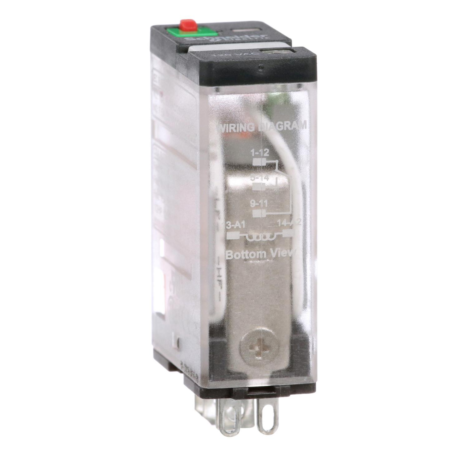 Product image for POWER RELAY, GENERAL PURPOSE RELAYS, SPDT, LED CLEAR COVER, LOCK PUSH BUTTON, FASTON TERMINAL, 15A, 120V AC, 1NO + 1NC