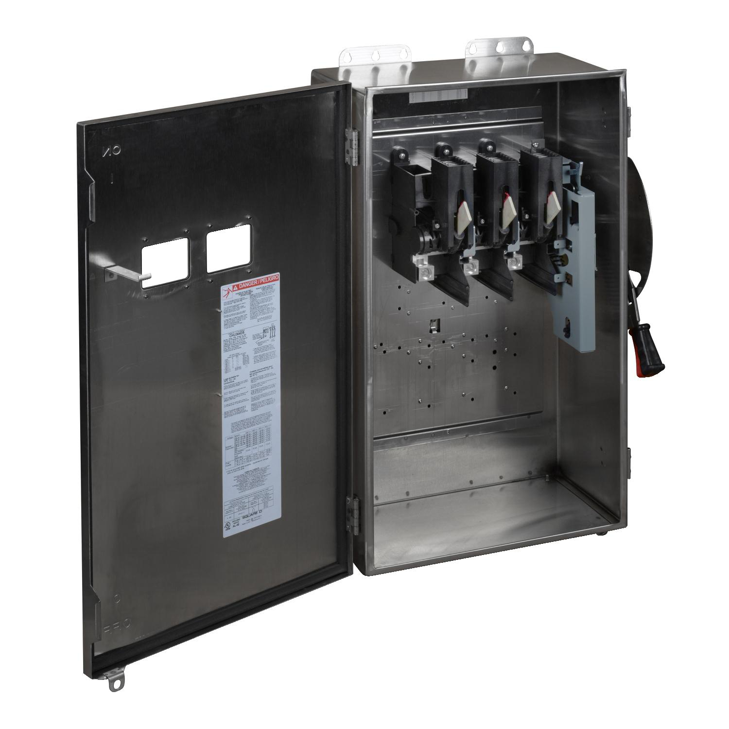 Product image for SAFETY SWITCH, HEAVY DUTY, NON FUSIBLE, 200A, 600VAC/VDC, 3 POLES, 150HP, NEMA 4, 4X, 5, 304 STEEL