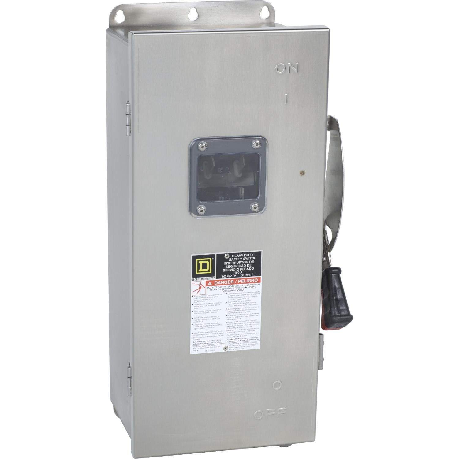 Product image for SAFETY SWITCH, HEAVY DUTY, FUSIBLE, 100A, 600VAC/VDC, 3 POLES, 75HP, NEMA 4, 4X, 5, 304 STEEL