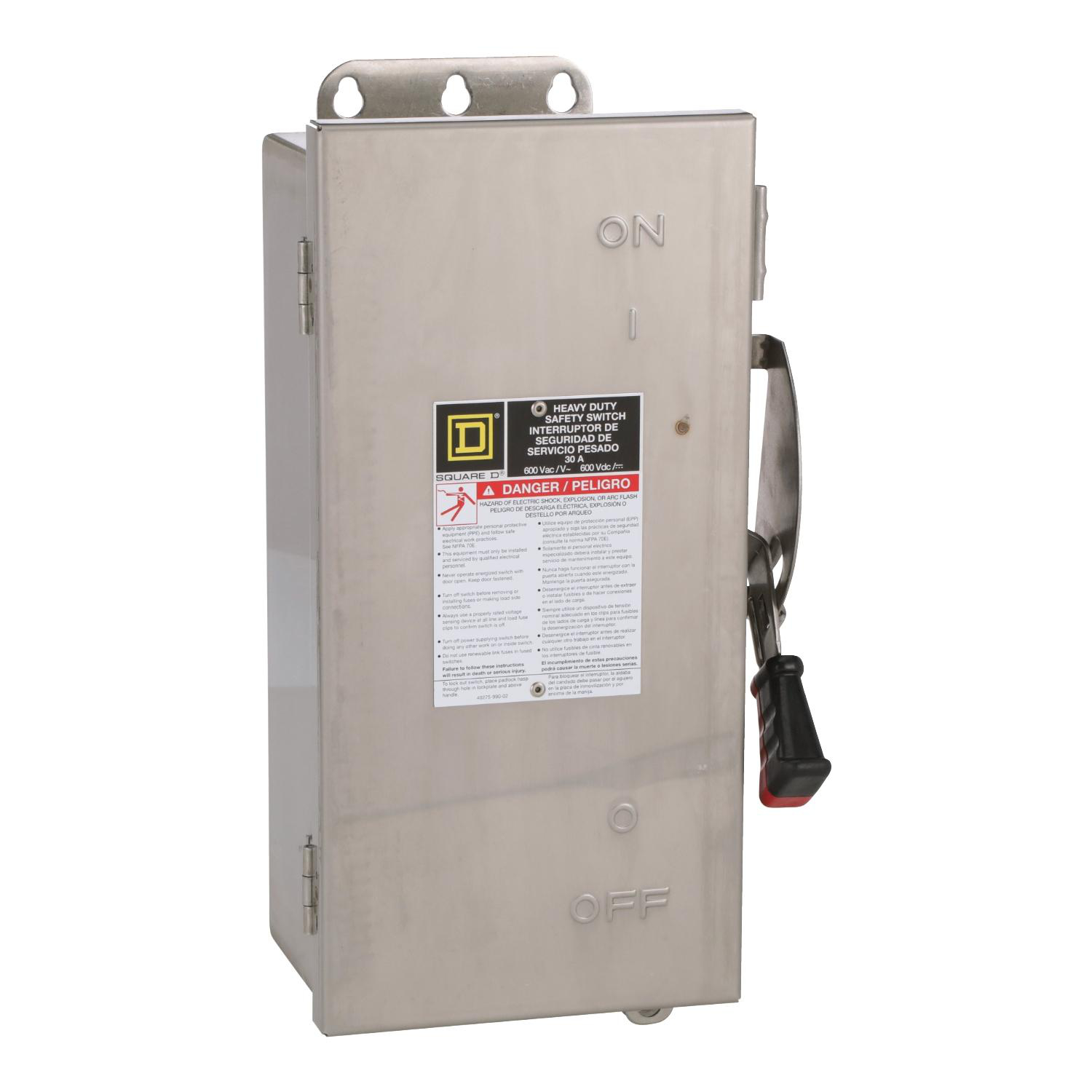 Product image for SAFETY SWITCH, HEAVY DUTY, FUSIBLE, 30A, 3 POLE, 20HP, 600VAC/600VDC, NEMA 4, 4X, 5, 316 STAINLESS STEEL