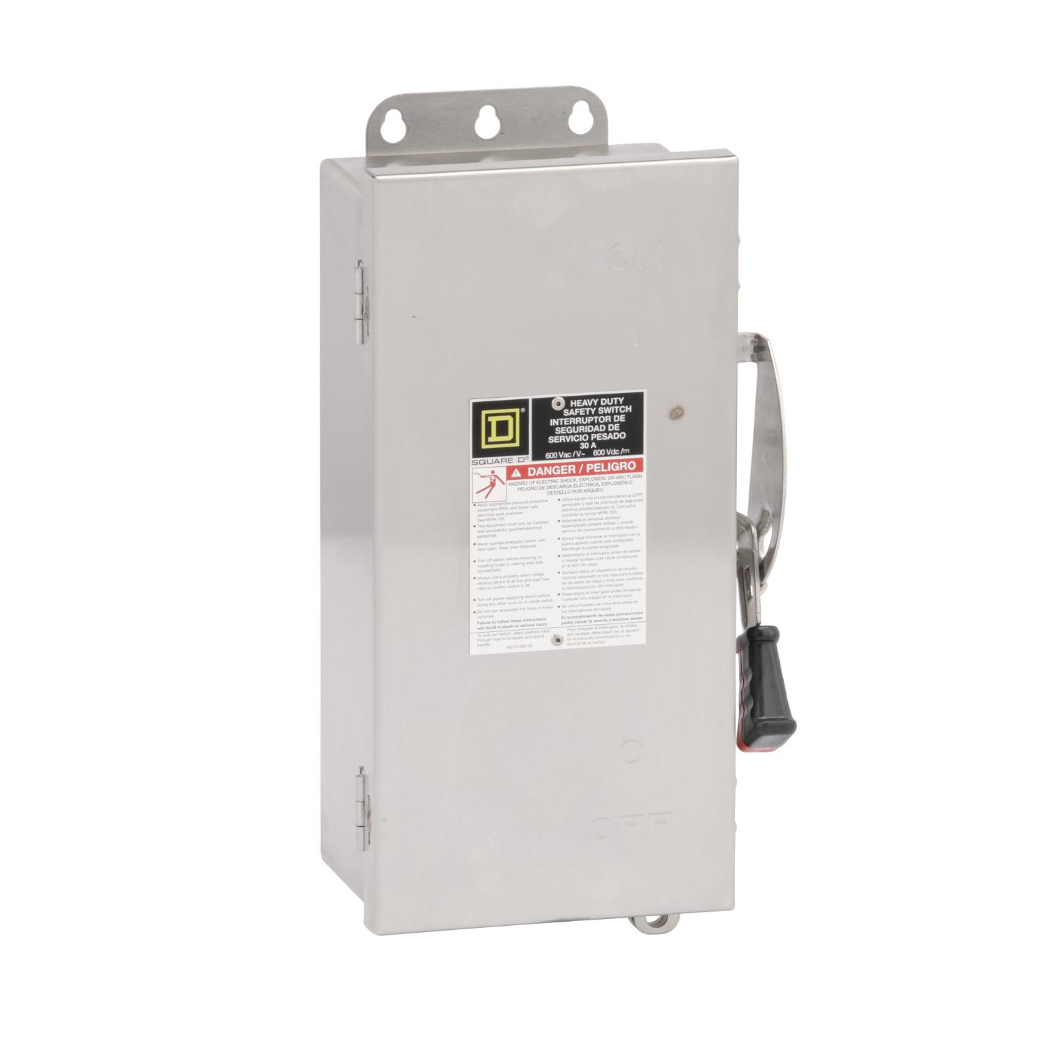 Product image for SAFETY SWITCH, HEAVY DUTY, NON FUSIBLE, 30A, 3 WIRE, 3 POLE, 30HP, 600V AC/DC, NEMA 4, 4X, 5, 304 STAINLESS STEEL