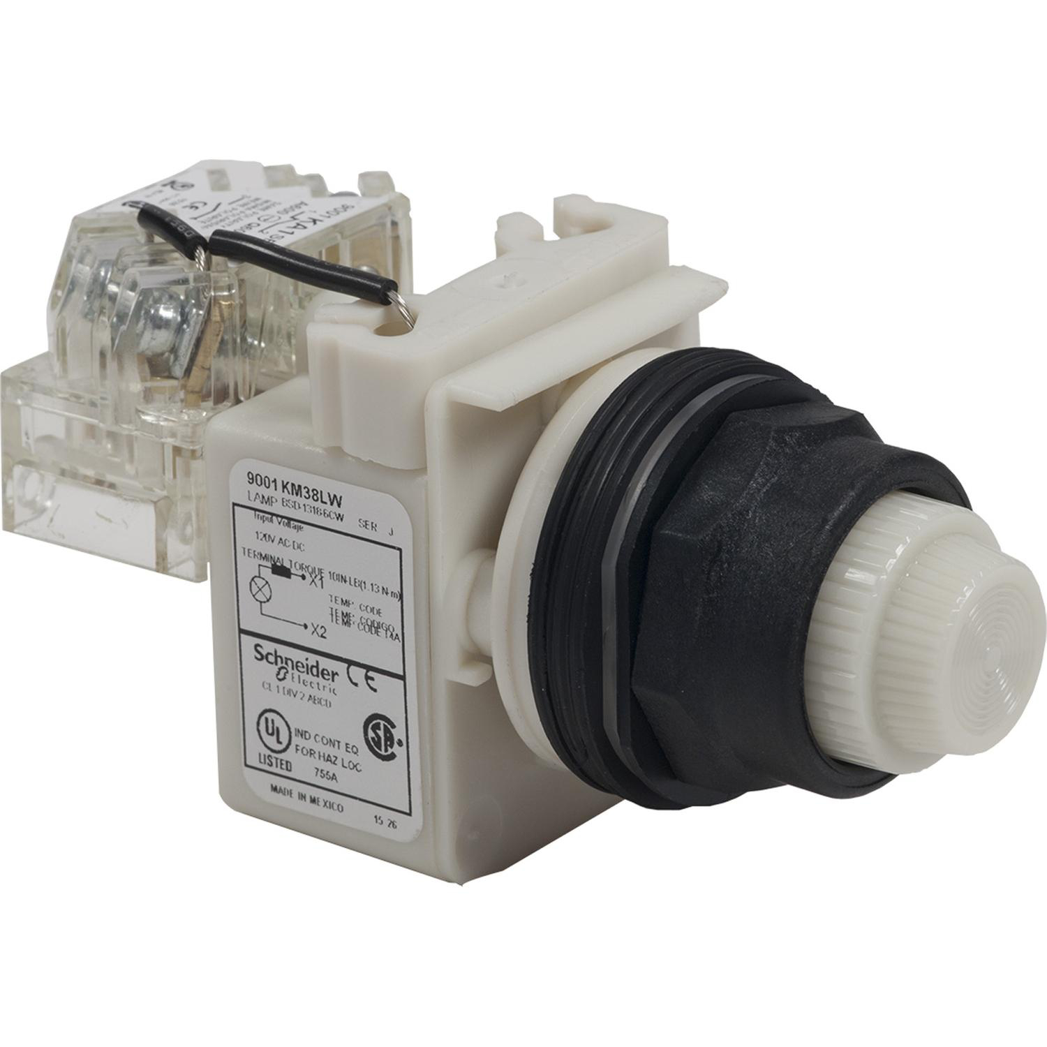 Product image for PUSH-TO-TEST PILOT LIGHT, HARMONY 9001SK, PLASTIC, POLYCARBONATE, FRESNEL LENS, WHITE, 30MM, LED WHITE, 120V