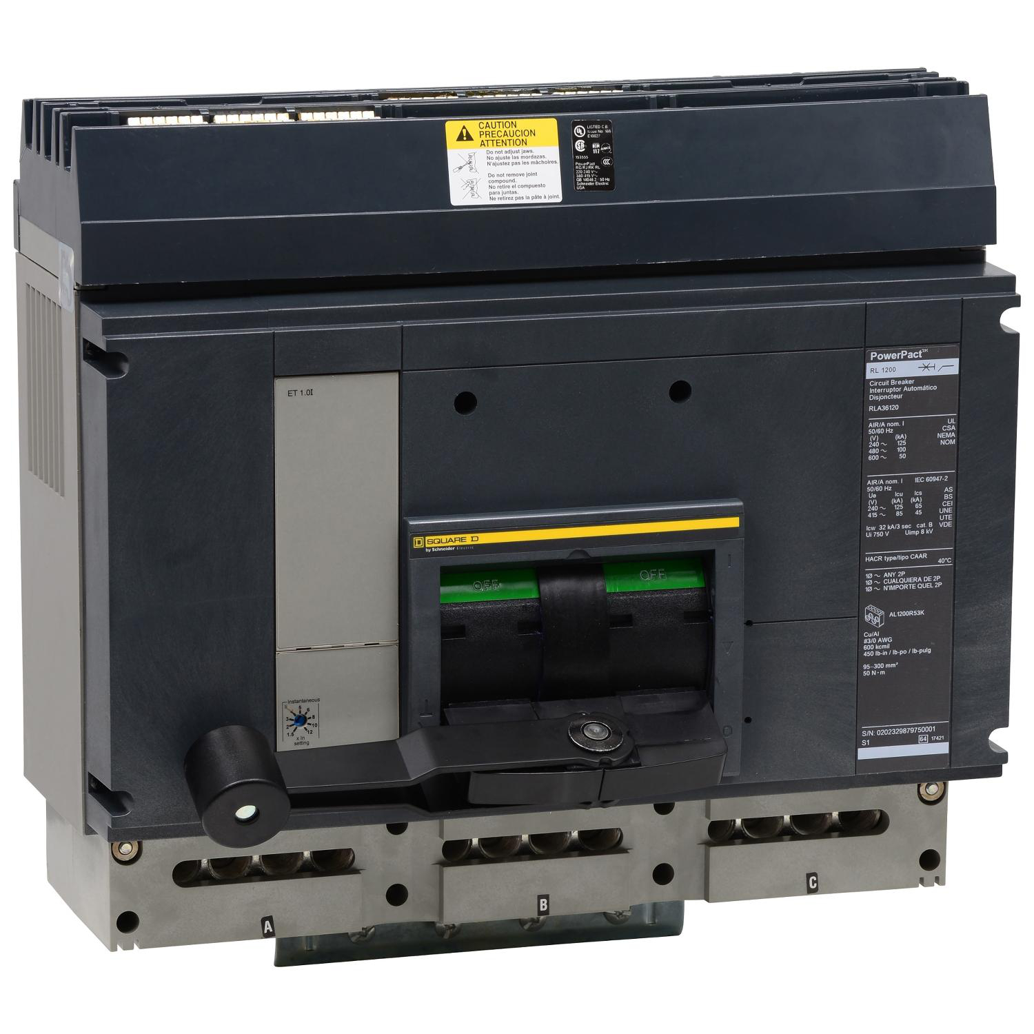 Product image for CIRCUIT BREAKER, POWERPACT R, 1000A, 3 POLE, 600VAC, 65KA, I-LINE, MICROLOGIC 5.0A, 100%