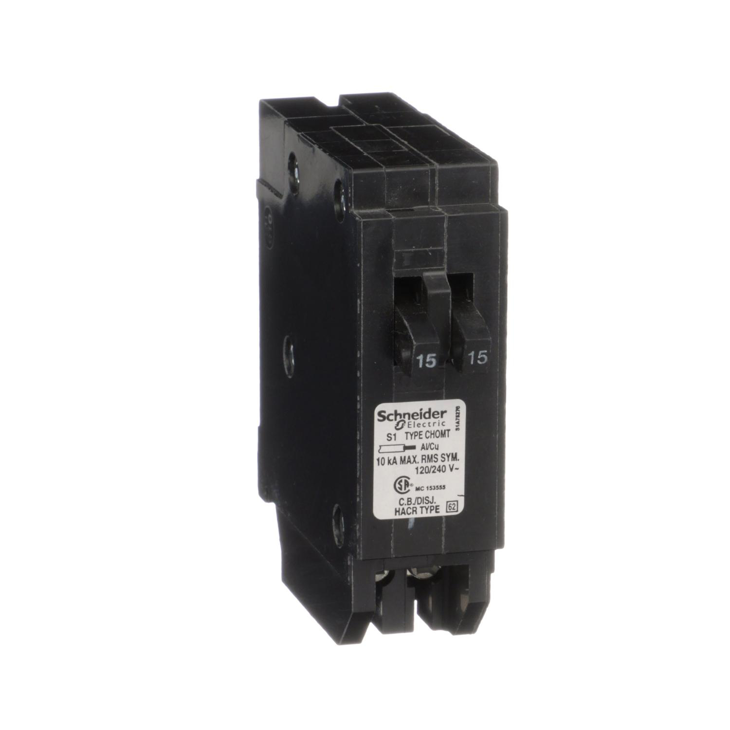 Product image for TANDEM CIRCUIT BREAKER, HOMELINE CANADIAN, 2 X 1 POLE AT 15A, 120/240VAC, 10KA AIR, PLUG IN, UL