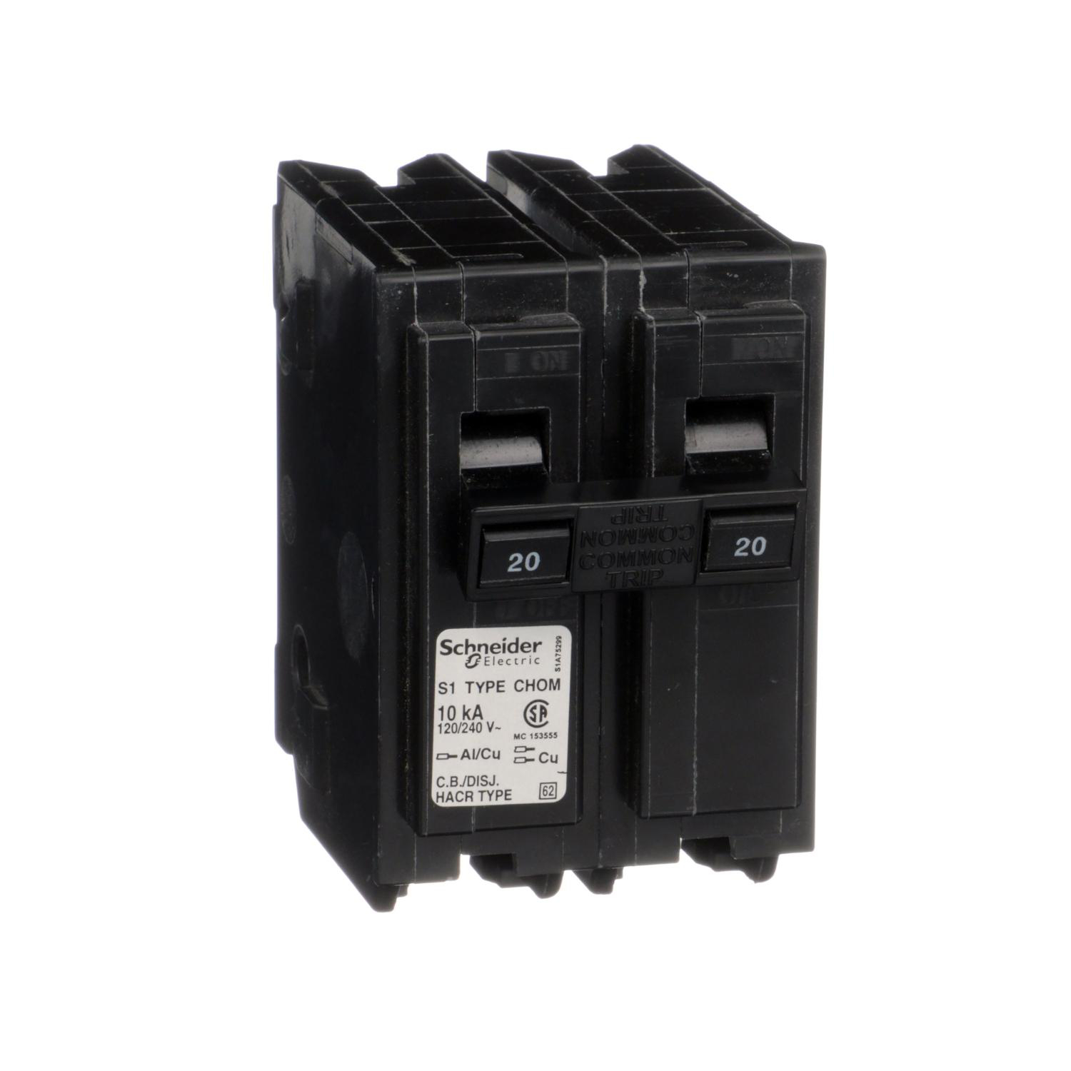 Product image for MINI CIRCUIT BREAKER, HOMELINE CANADIAN, 20A, 2 POLE, 120/240VAC, 10KA AIR, STANDARD TYPE, PLUG IN, UL