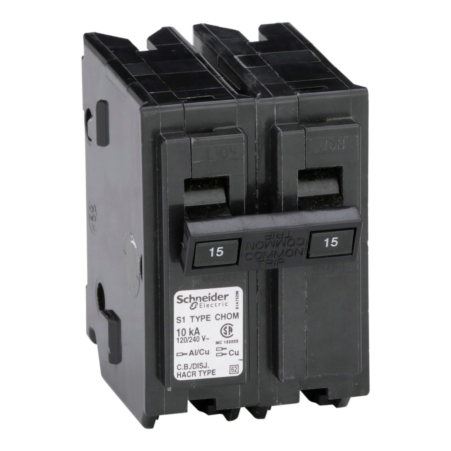 Product image for MINI CIRCUIT BREAKER, HOMELINE CANADIAN, 15A, 2 POLE, 120/240VAC, 10KA AIR, STANDARD TYPE, PLUG IN, UL