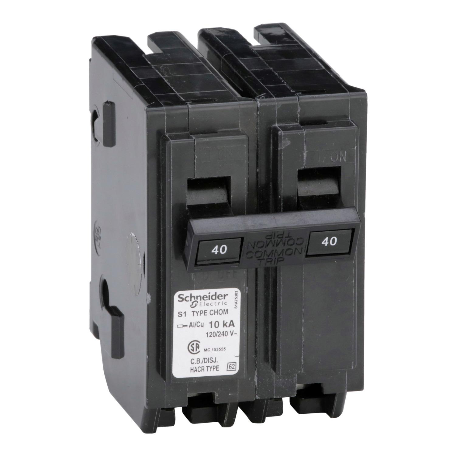 Product image for MINI CIRCUIT BREAKER, HOMELINE CANADIAN, 40A, 2 POLE, 120/240VAC, 10KA AIR, STANDARD TYPE, PLUG IN, UL
