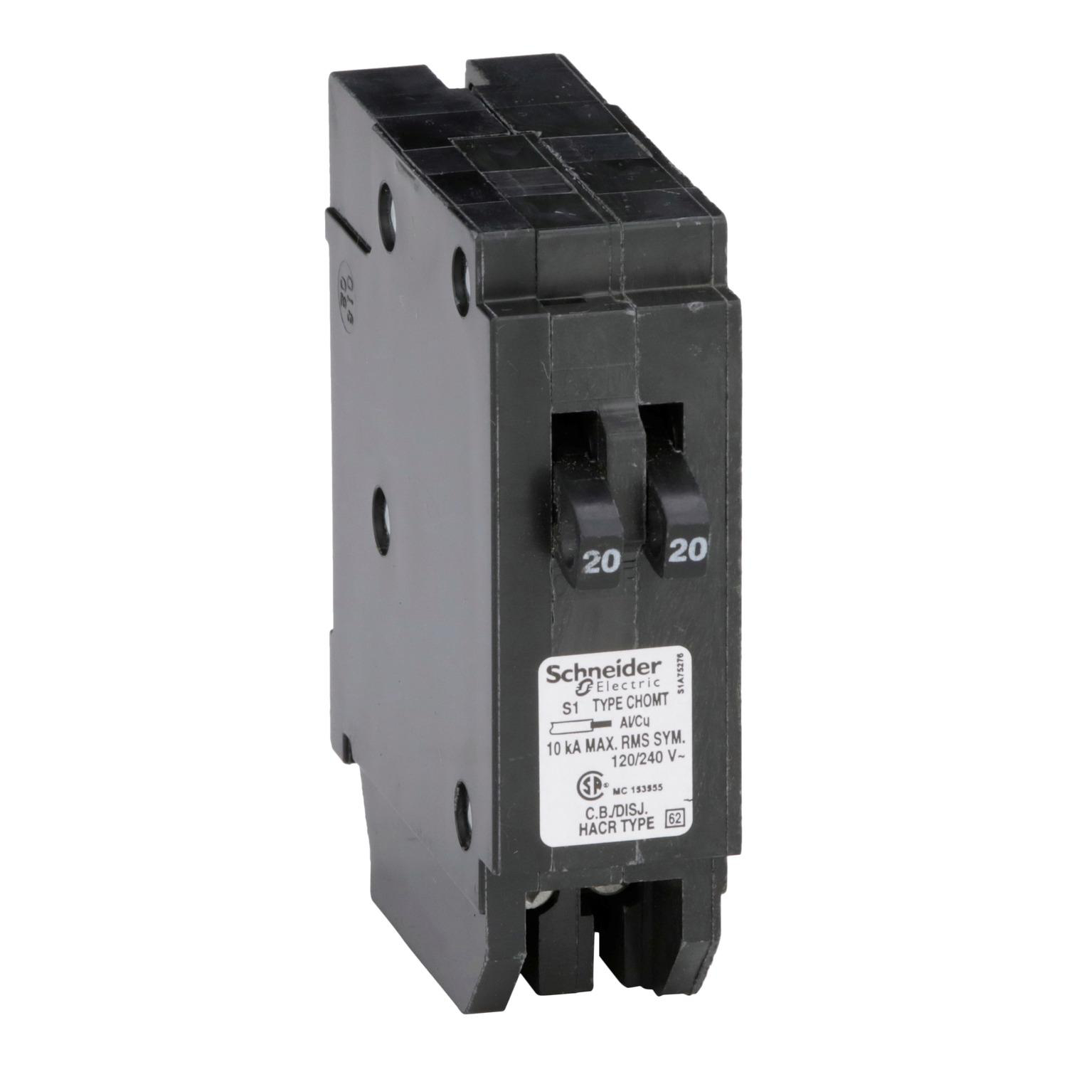 Product image for TANDEM CIRCUIT BREAKER, HOMELINE CANADIAN, 2 X 1 POLE AT 20A, 120/240VAC, 10KA AIR, PLUG IN, UL