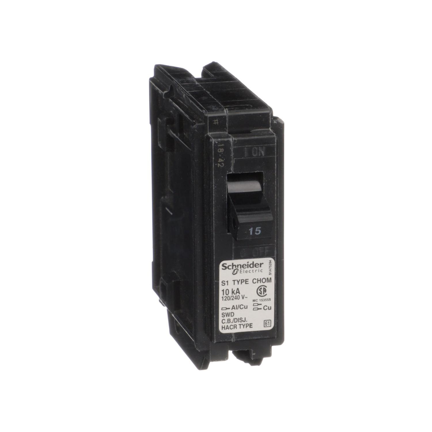 Product image for MINI CIRCUIT BREAKER, HOMELINE CANADIAN, 15A, 1 POLE, 120/240VAC, 10KA AIR, STANDARD TYPE, PLUG IN, UL