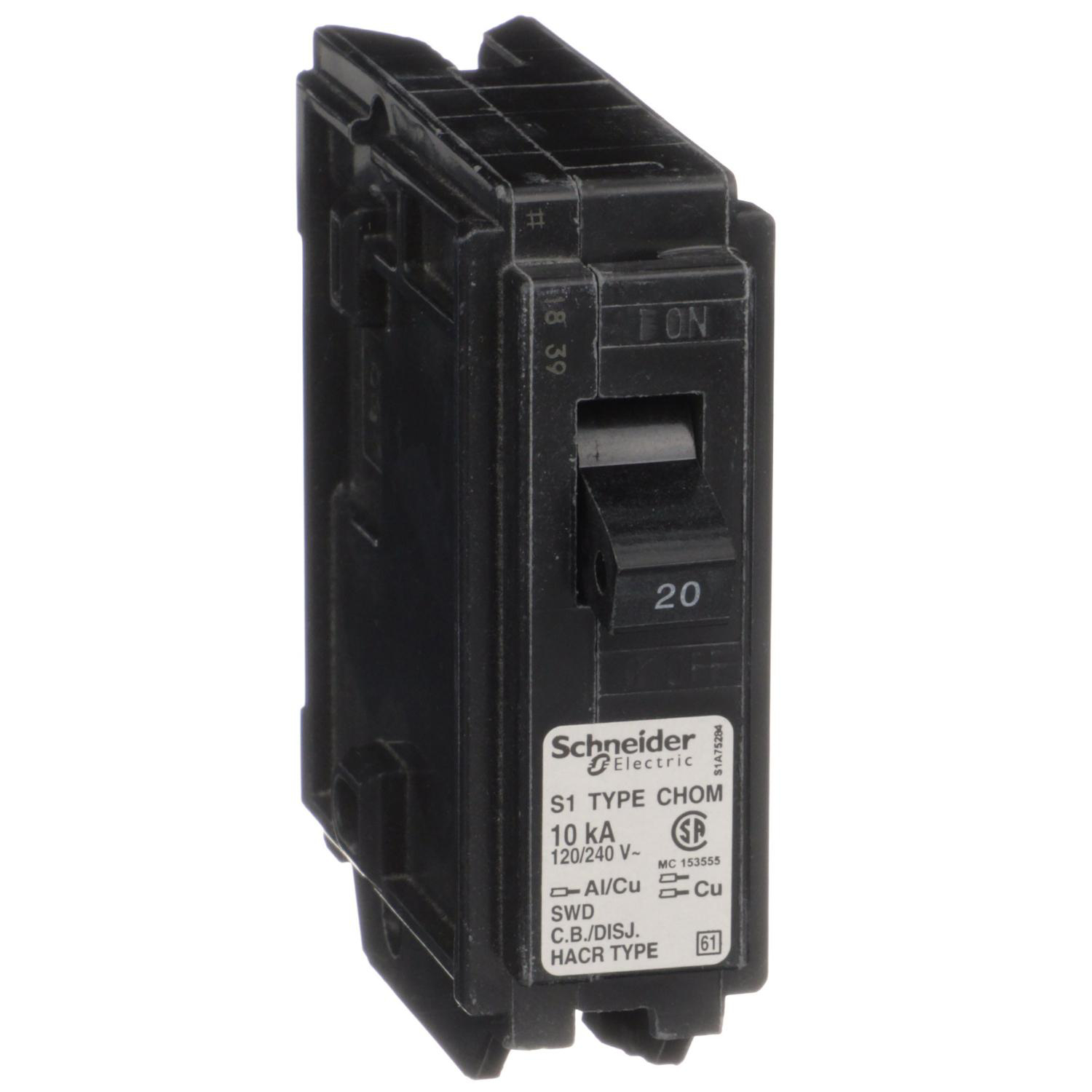 Product image for MINI CIRCUIT BREAKER, HOMELINE CANADIAN, 20A, 1 POLE, 120/240VAC, 10KA AIR, STANDARD TYPE, PLUG IN, UL