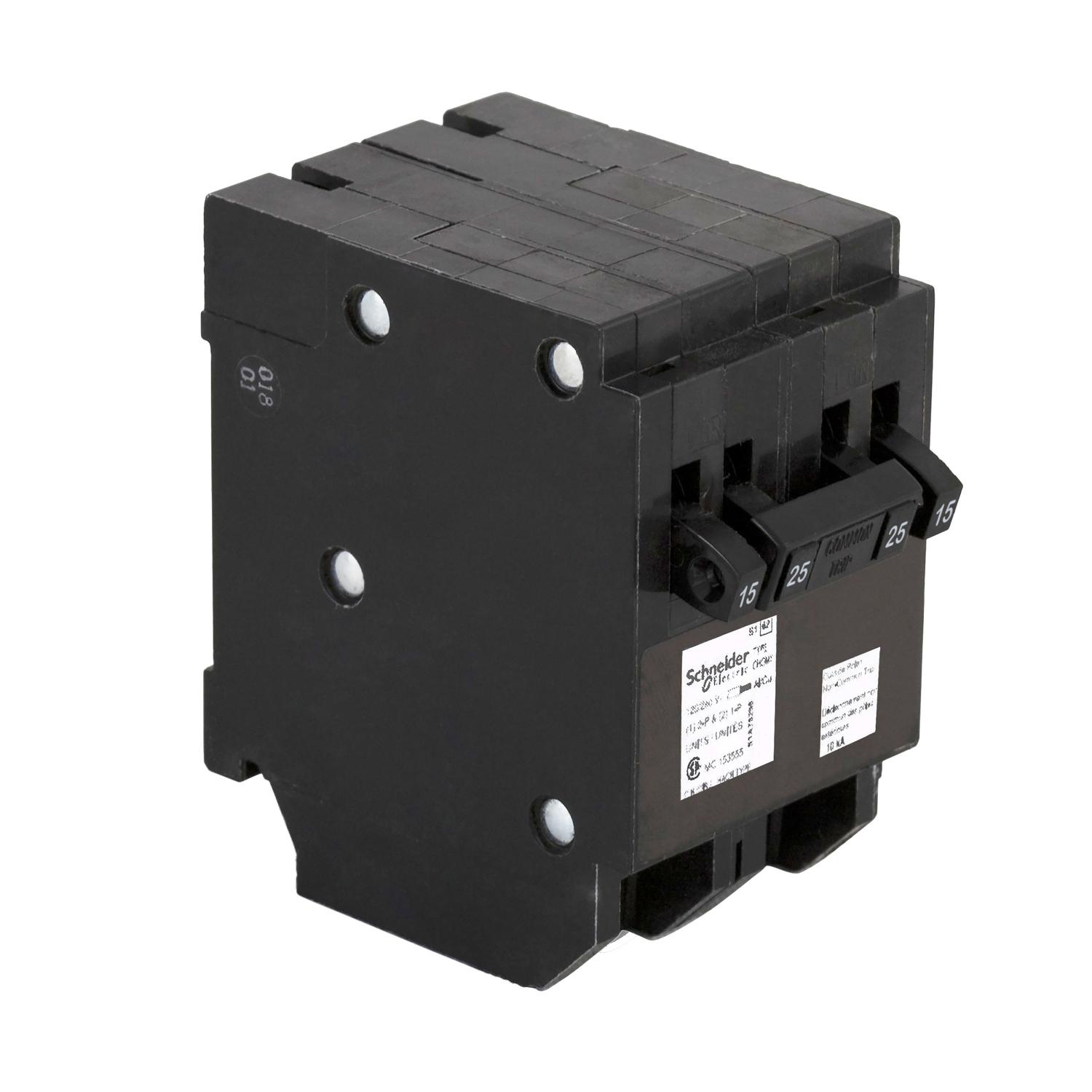 Product image for QUAD TANDEM CIRCUIT BREAKER, HOMELINE CANADIAN, 2 X 1 POLE AT 15A, 1 X 2 POLE AT 25A, 120/240VAC, 10KA AIR, PLUG IN, UL