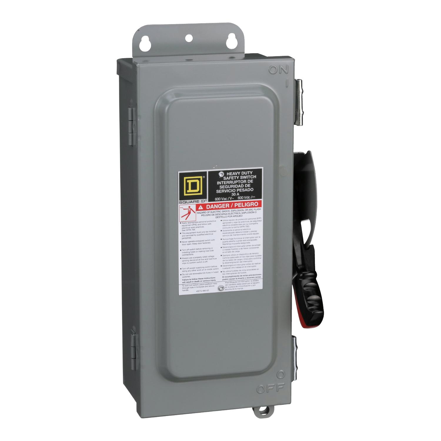 Product image for SAFETY SWITCH, HEAVY DUTY, NON FUSIBLE, 30A, 3 WIRE, 3 POLE, 30HP, 600V AC/DC, NEMA 12, INTERLOCK KIT