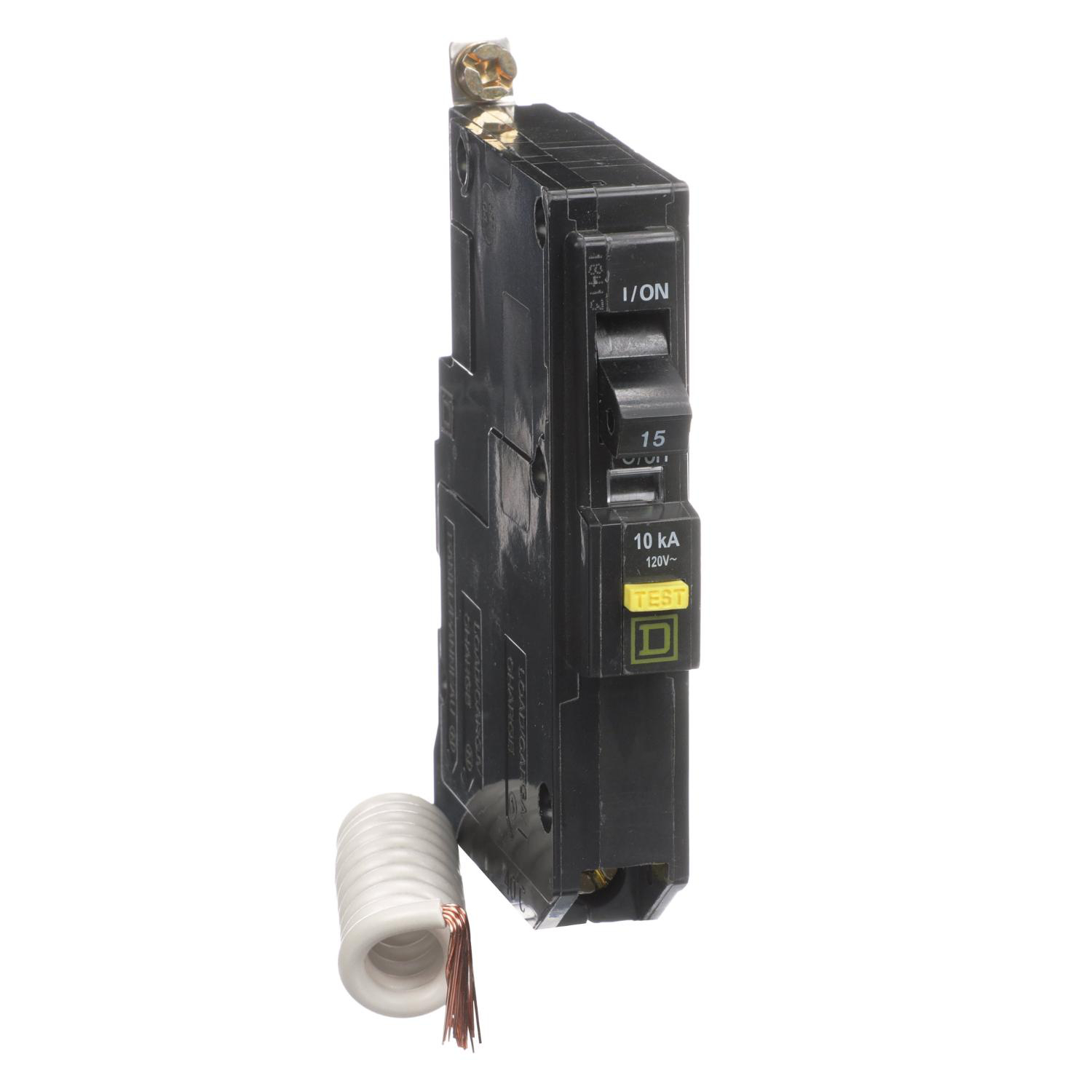 Product image for MINI CIRCUIT BREAKER, QO, 15A, 1 POLE, 120VAC, 10KA, BOLT ON, 6MA GRD FAULT A, PIGTAIL [TAA]