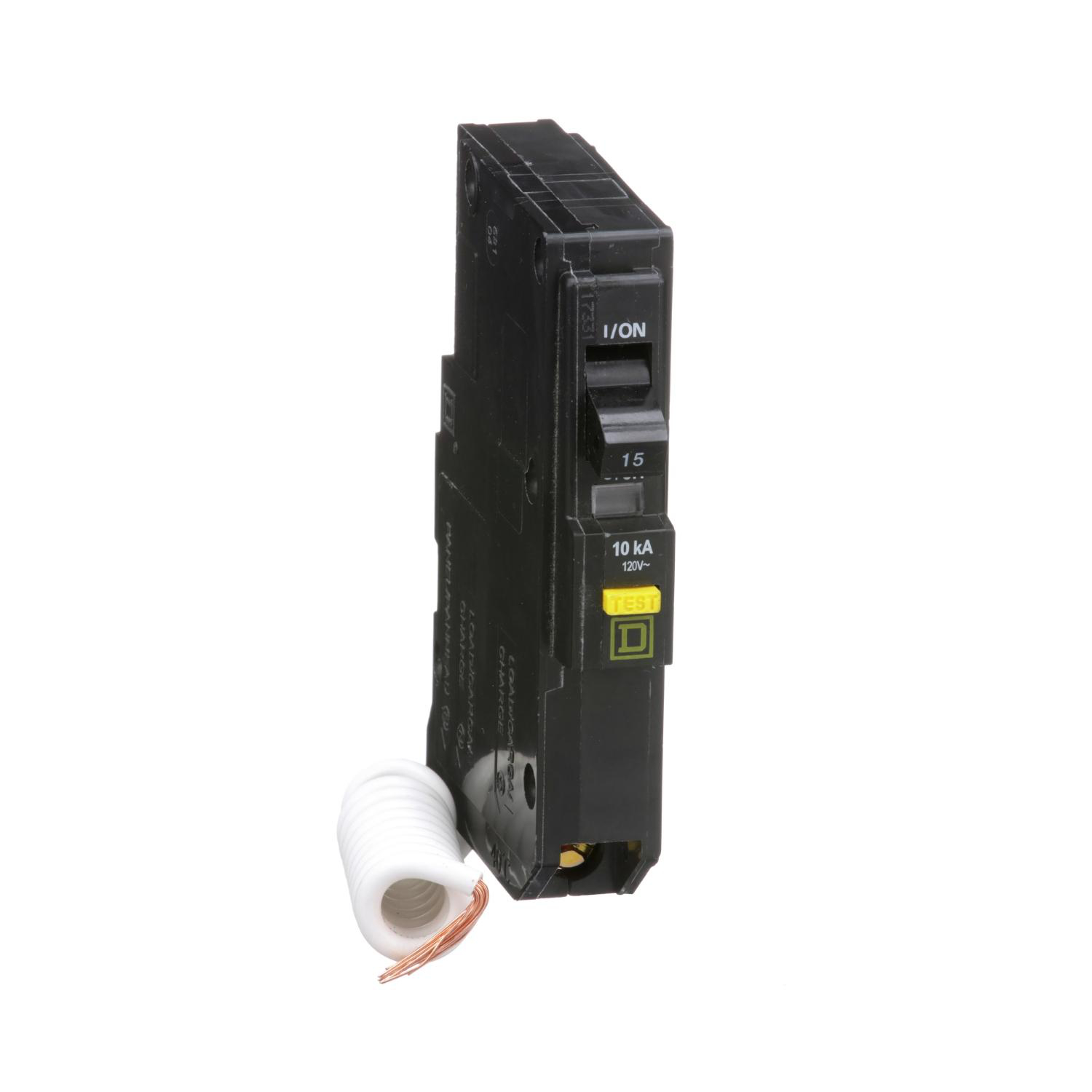 Product image for MINI CIRCUIT BREAKER, QO, 15A, 1 POLE, 120VAC, 10KA, PLUG IN, 6MA GRD FAULT A, PIGTAIL [TAA]