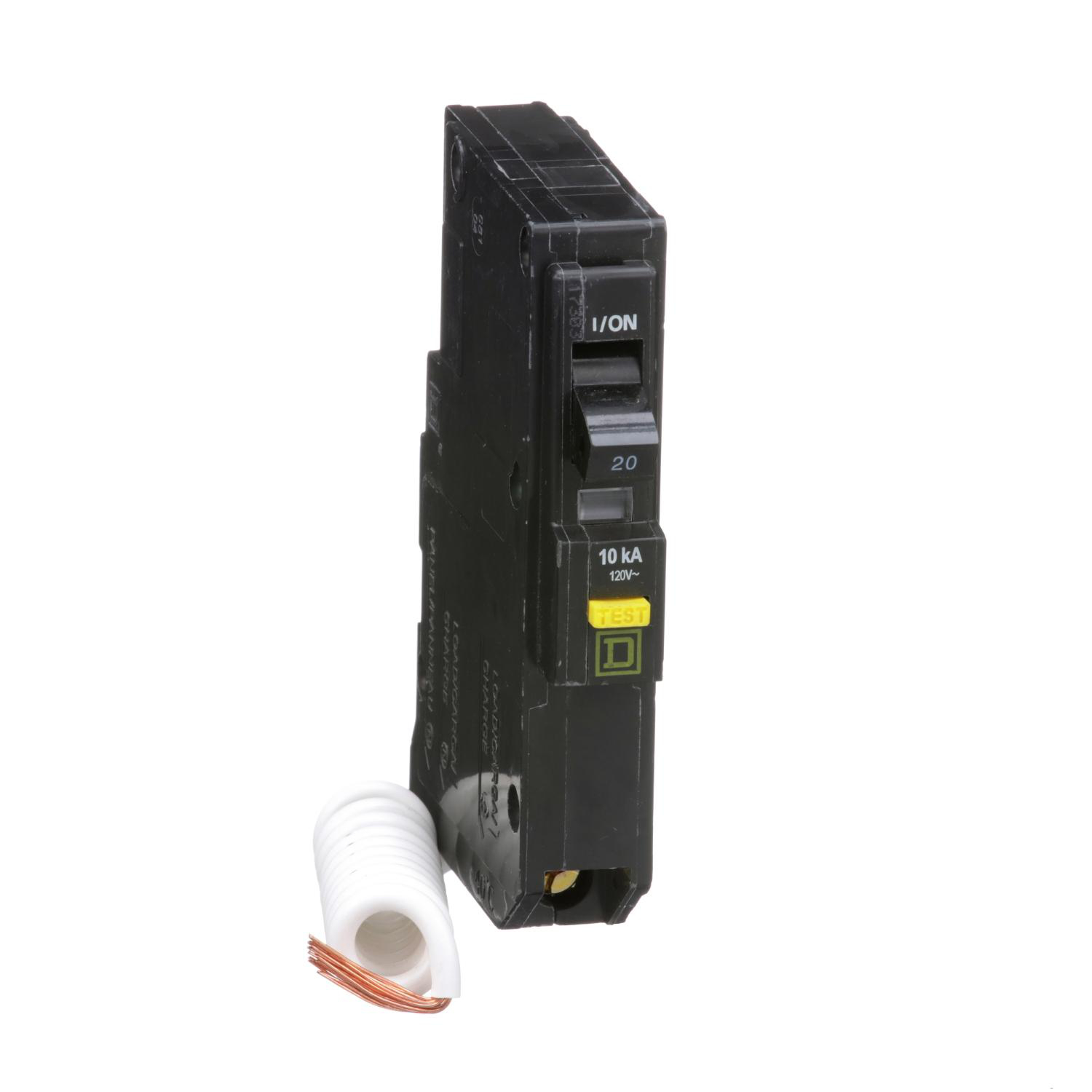 Product image for MINI CIRCUIT BREAKER, QO, 20A, 1 POLE, 120VAC, 10KA, PLUG IN, 6MA GRD FAULT A, PIGTAIL [TAA]