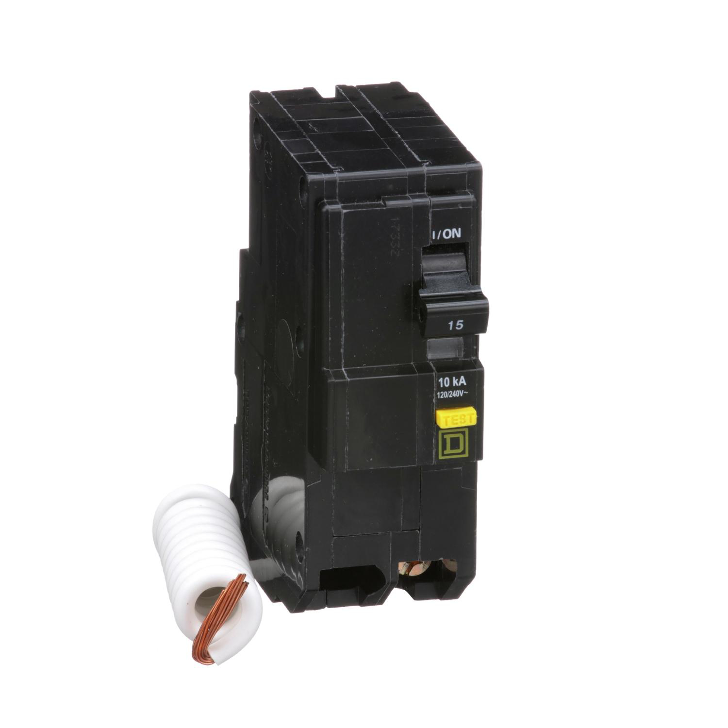 Product image for MINI CIRCUIT BREAKER, QO, 15A, 2 POLE, 120/240VAC, 10KA, PLUG IN, 6MA GRD FAULT A, PIGTAIL [TAA]