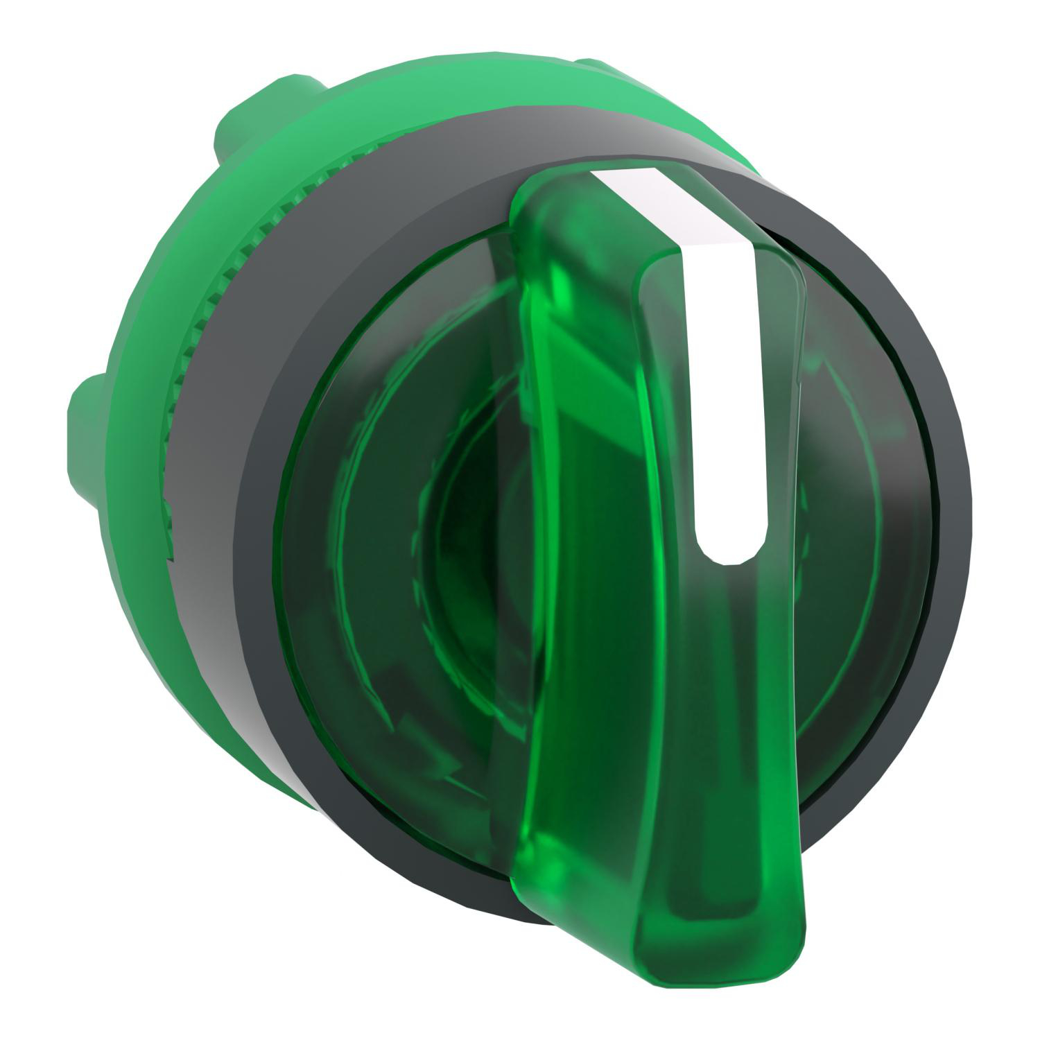 Product image for HEAD FOR ILLUMINATED SELECTOR SWITCH, HARMONY XB5, GREY PLASTIC, GREEN HANDLE, 22MM, UNIVERSAL LED, 3 POSITIONS, STAY PUT