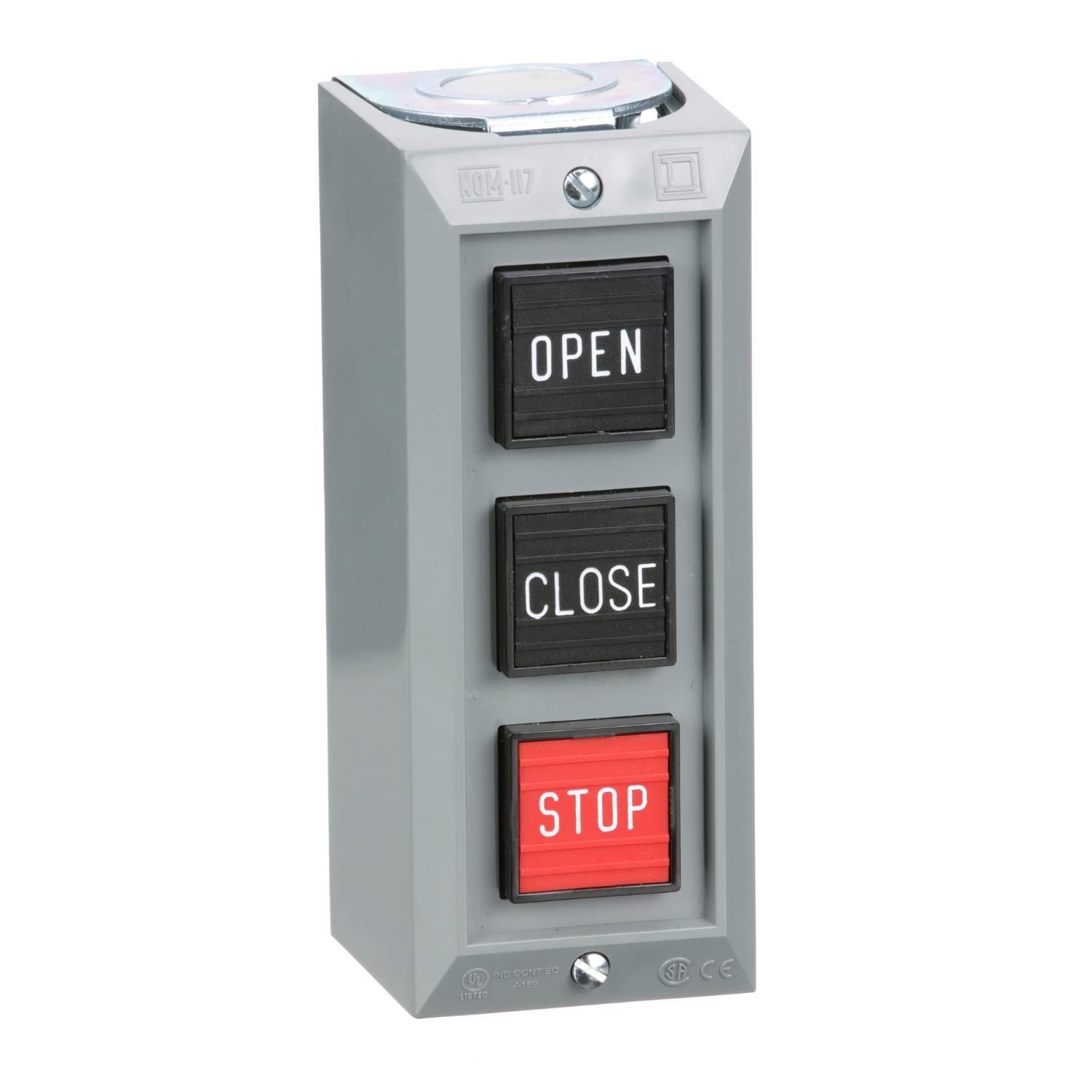 Product image for COMPLETE CONTROL STATION, HARMONY 9001B, 3 PUSH BUTTONS OPEN-CLOSE-STOP, 5A, 600V AC, NEMA 1