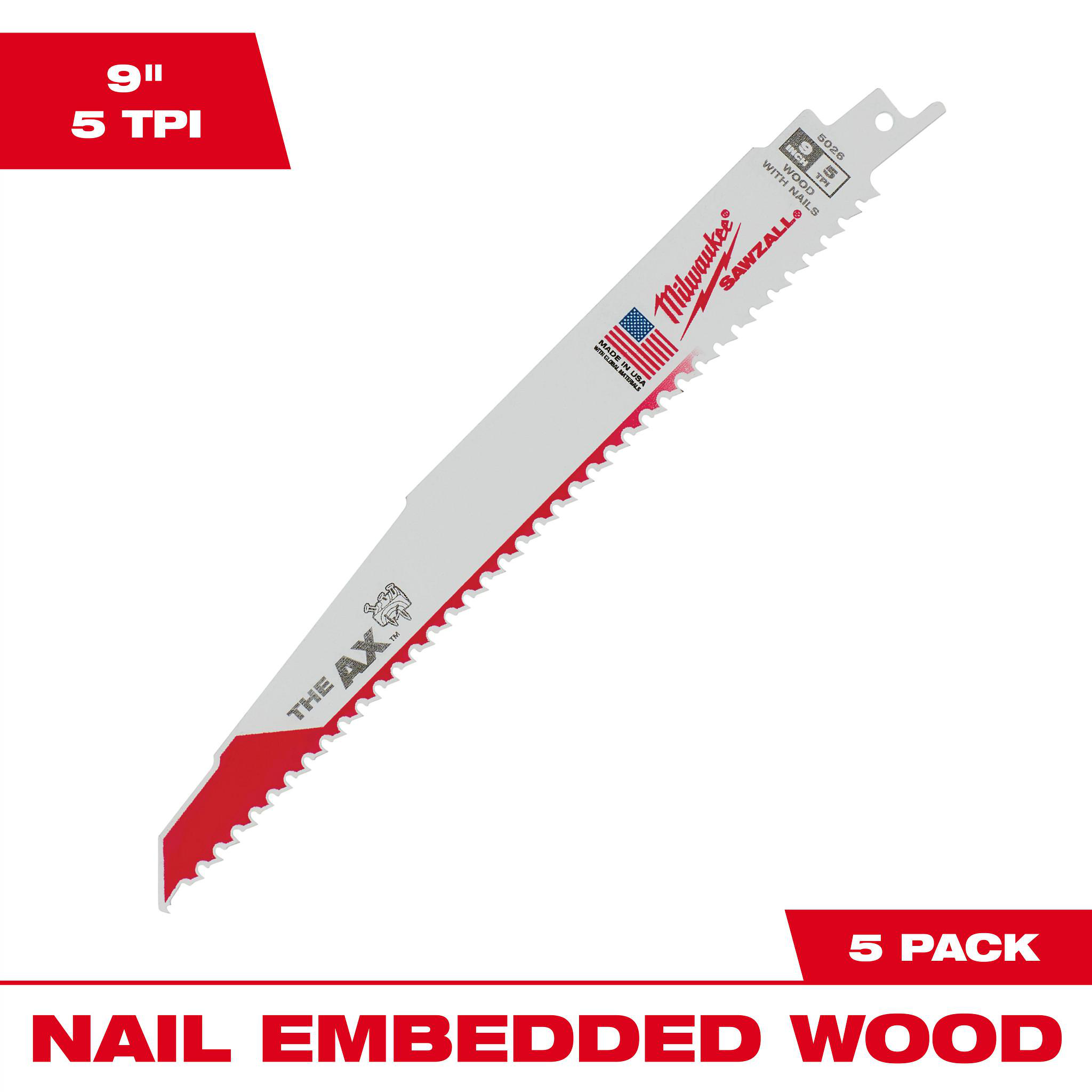 Product image for MILWAUKEE 48-00-5026 BLADE 5/8"T 9"LONG AX 5PER PKG FOR SAWZALL