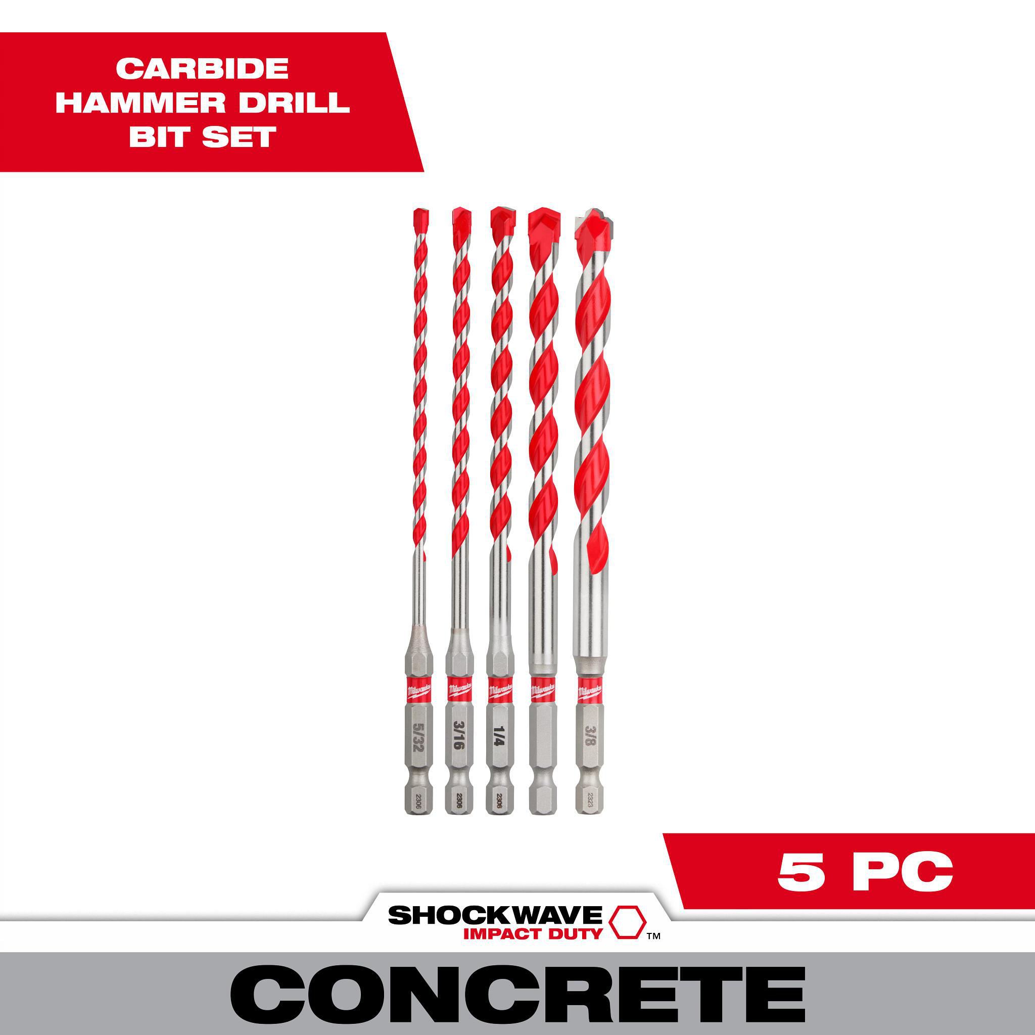 Product image for 5PC SHOCKWAVE™ Impact Duty Carbide Hammer Drill Bit Set