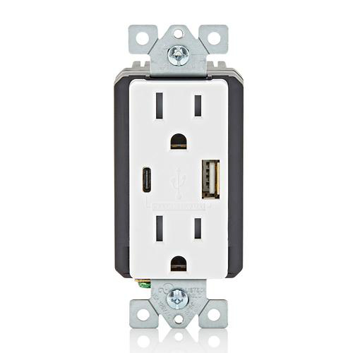 LEVITON T5638-BW RECEPTACLE DECORA TYPE AC USB 15A 18W WHITE