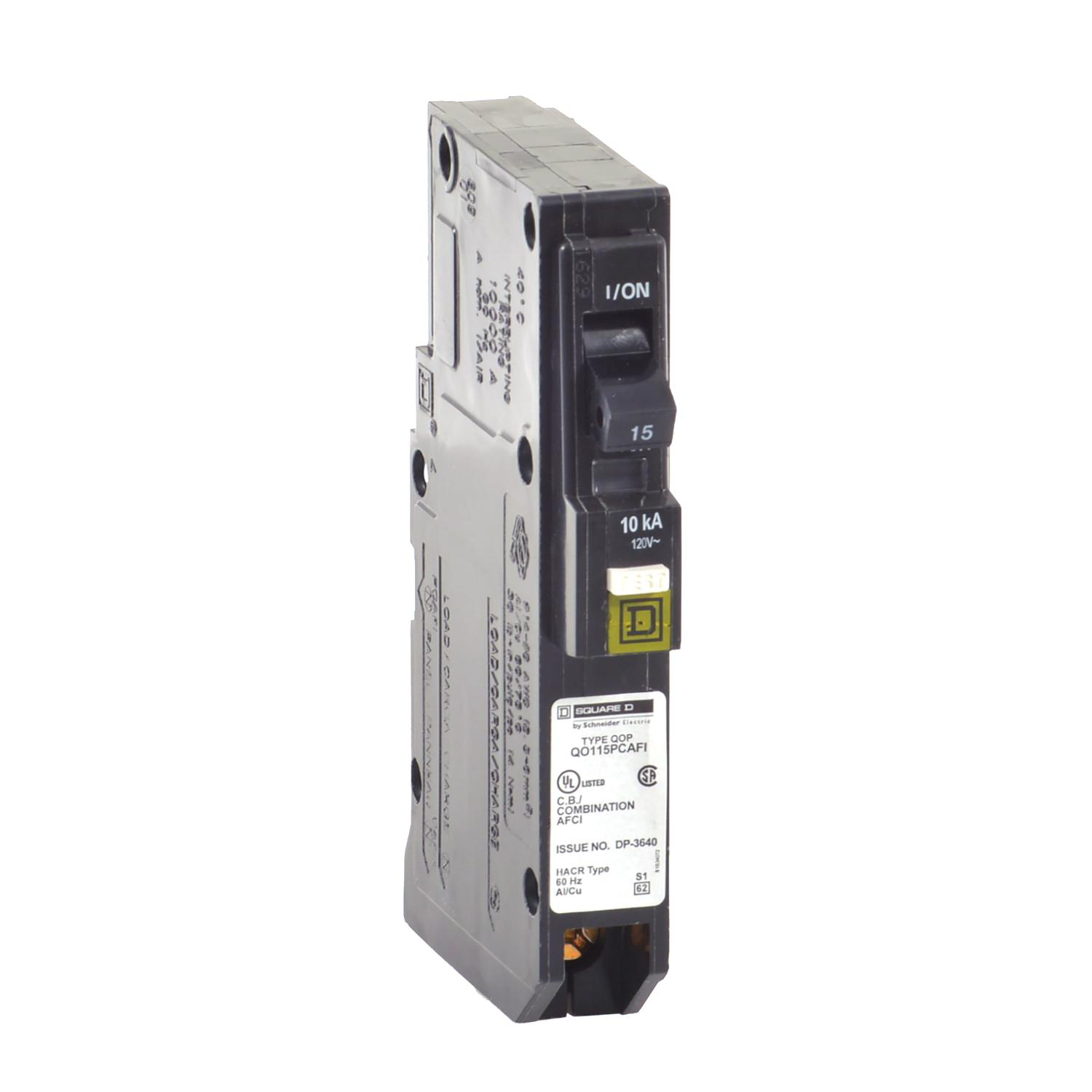 Product image for MINI CIRCUIT BREAKER, QO, 15A, 1 POLE, 120VAC, 10KA, PLUG IN, COMBO ARC FAULT, PLUG ON NEUTRAL [TAA]