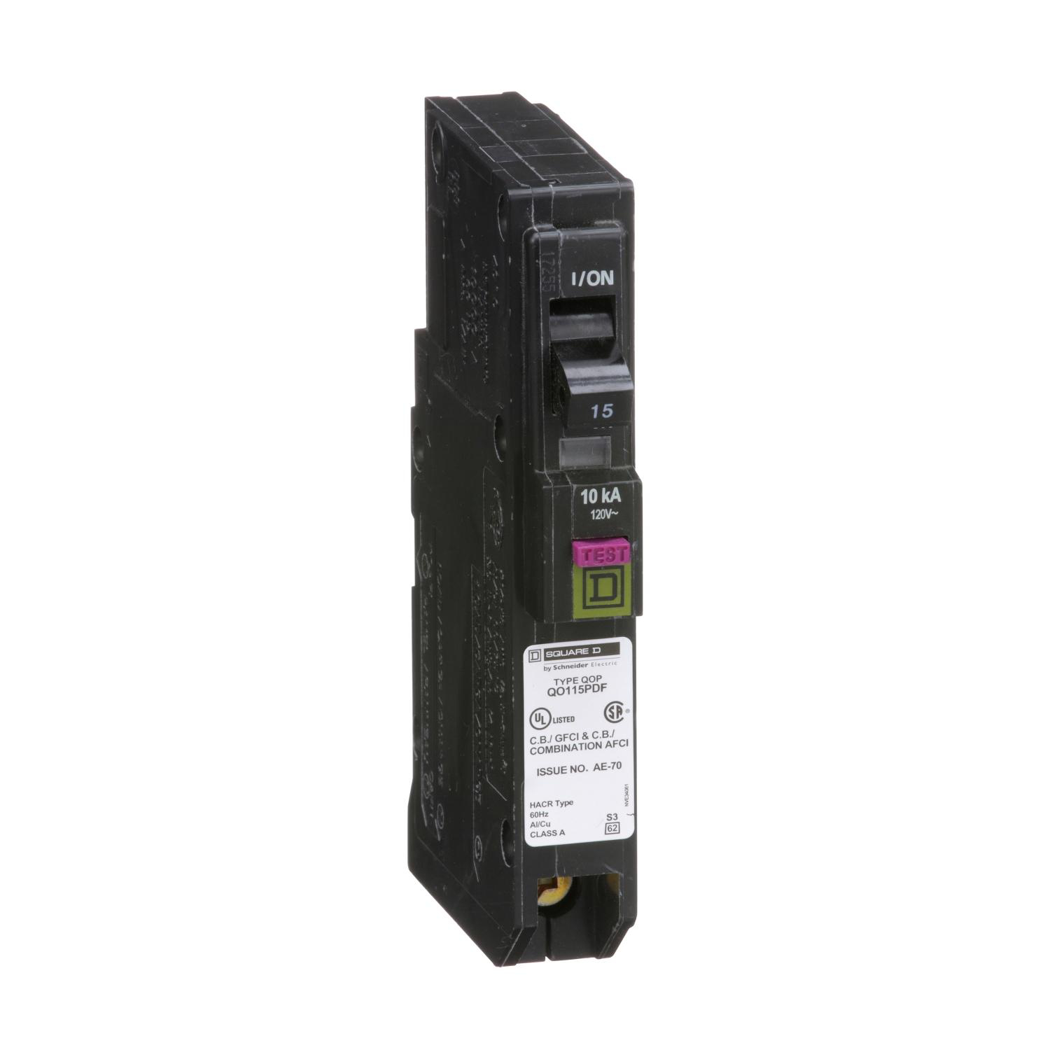 Product image for MINI CIRCUIT BREAKER, QO, 15A, 1 POLE, 120VAC, 10KA, PLUG IN, DUAL FUNCTION, PLUG ON NEUTRAL [TAA]