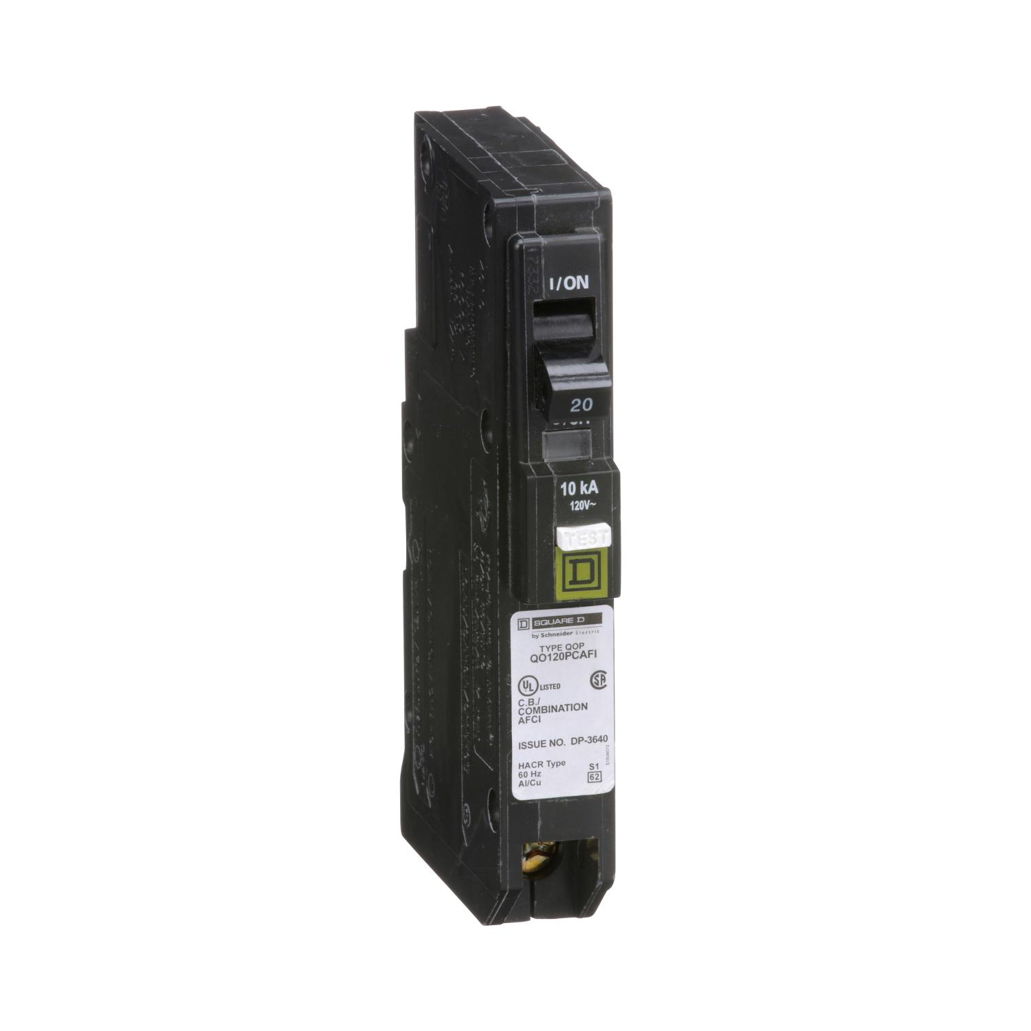 Product image for MINI CIRCUIT BREAKER, QO, 20A, 1 POLE, 120VAC, 10KA, PLUG IN, COMBO ARC FAULT, PLUG ON NEUTRAL [TAA]