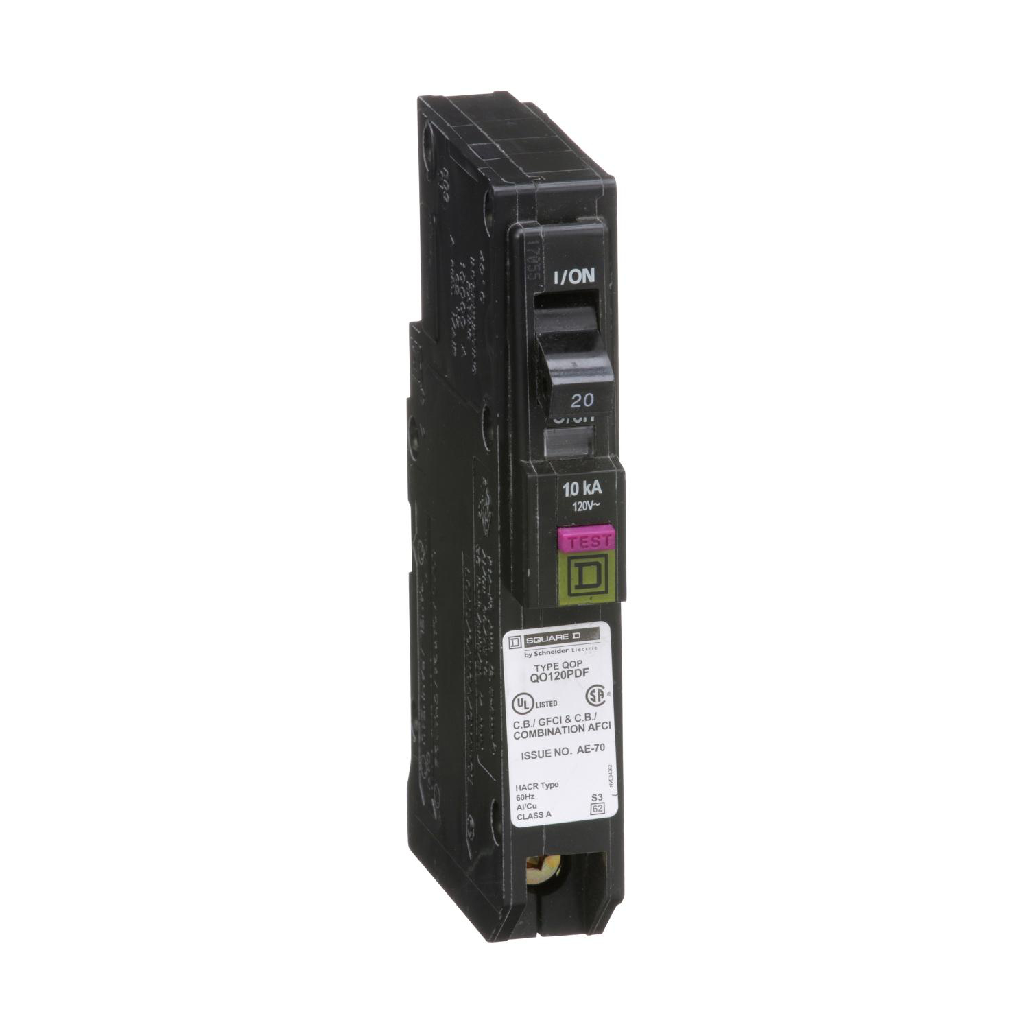 Product image for MINI CIRCUIT BREAKER, QO, 20A, 1 POLE, 120VAC, 10KA, PLUG IN, DUAL FUNCTION, PLUG ON NEUTRAL [TAA]